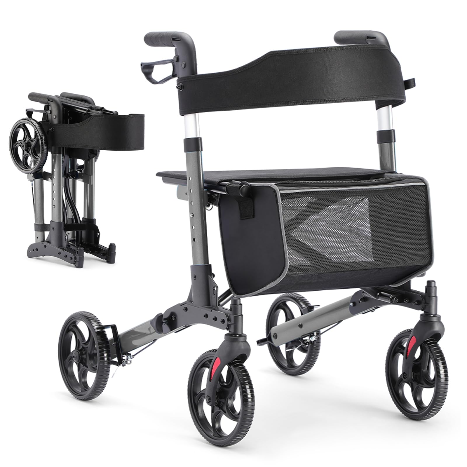 HEAO Rollator Walker, Folding Rollator Walker with Seat, Height Adjustable Rolling Walker with Storage Bag for Senior, Elderly or Disabled - Grey