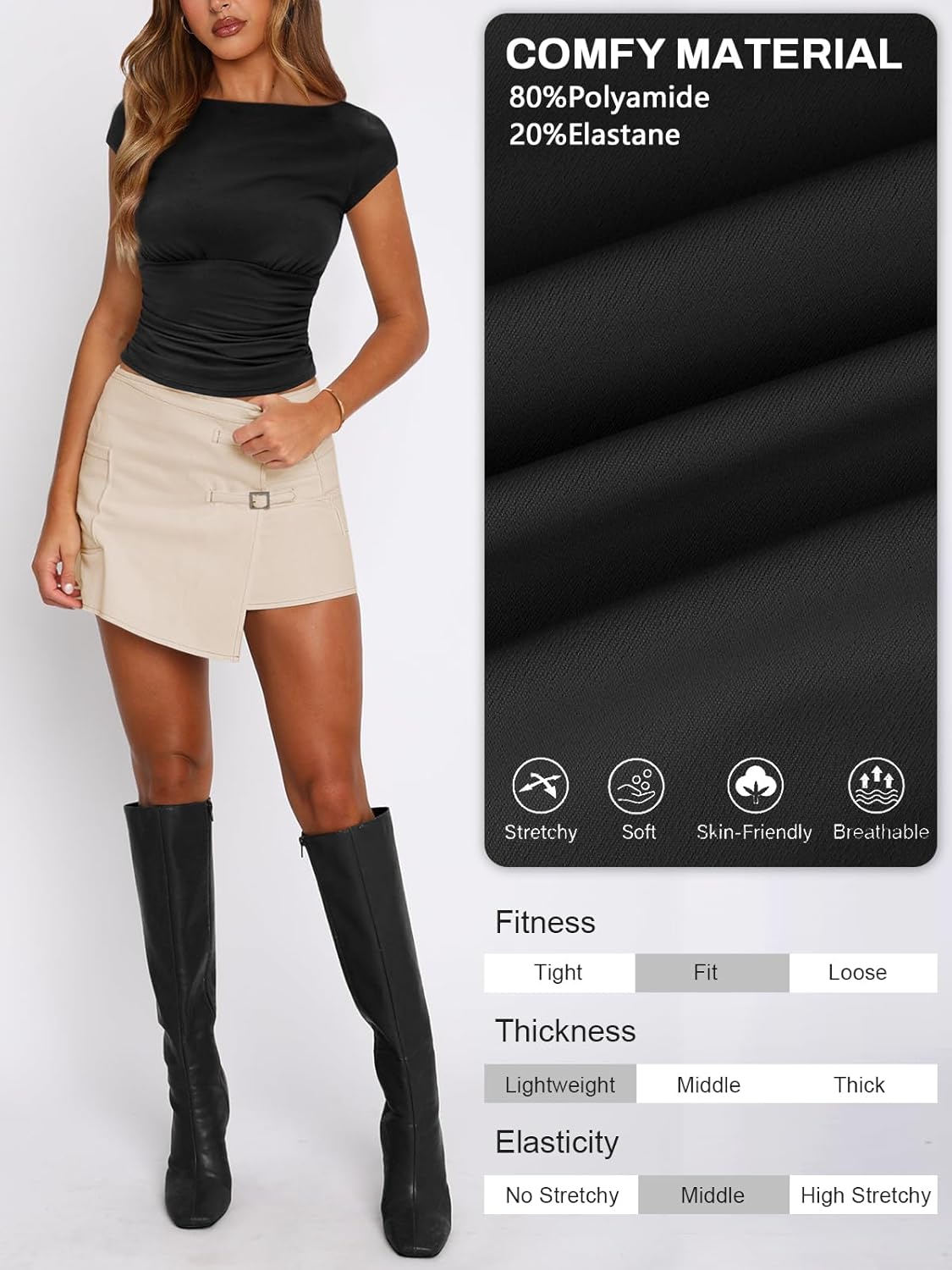 Womens Boat Neck Tops for Women Ruched Cap Sleeve Top Summer Cute Going Out Fitted Cropped T Shirts Basic Clothes - Image 5