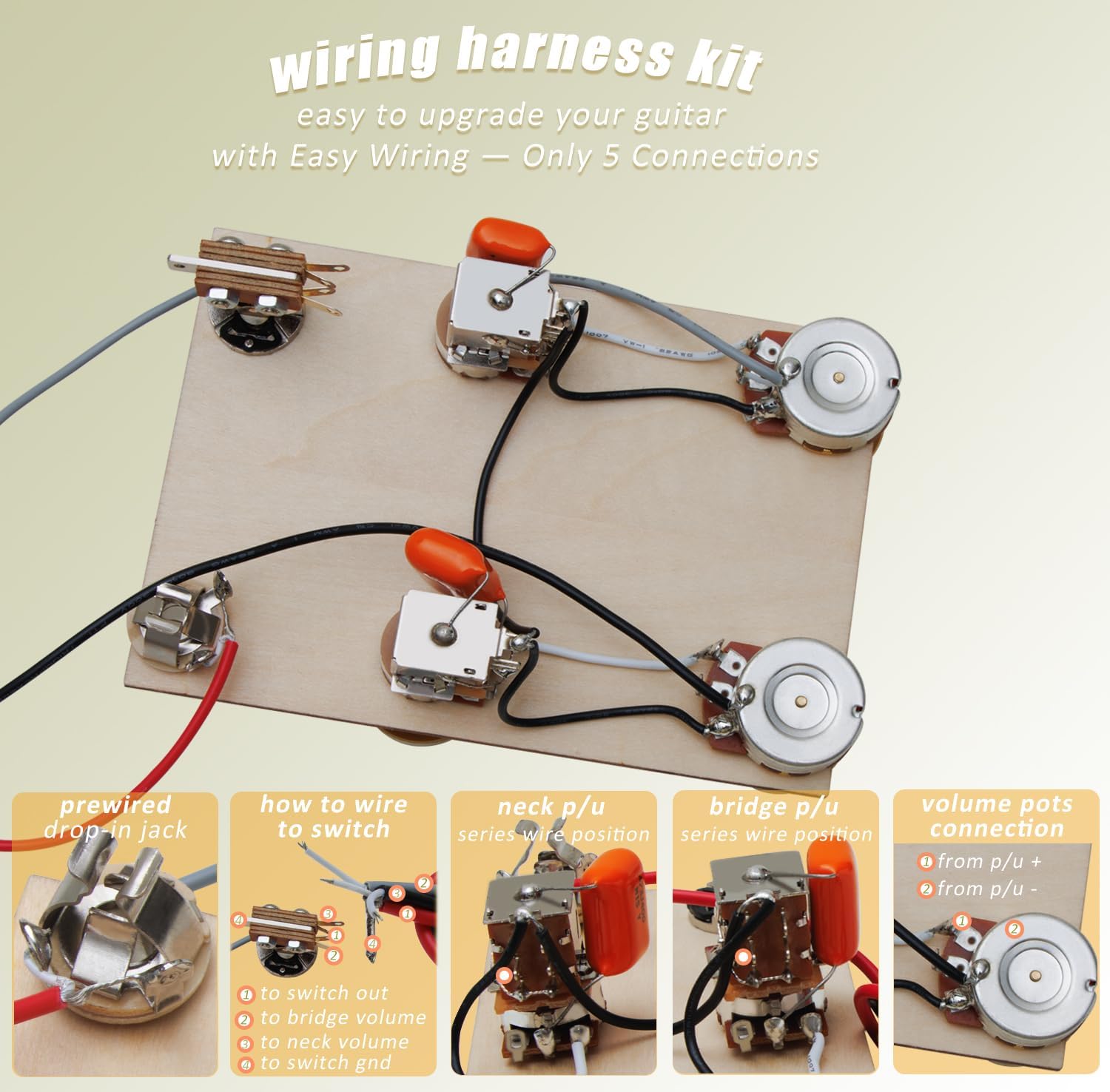 Wiring Harness Kit 2V2T for Les Paul Style Guitars – Prewired Push‑Pull Coil Split 4‑Conductor Humbucker Pickups, Full‑Size 500K Pots, .047uF Orange Caps, 3‑Way Toggle Switch, Output Jack & Knobs