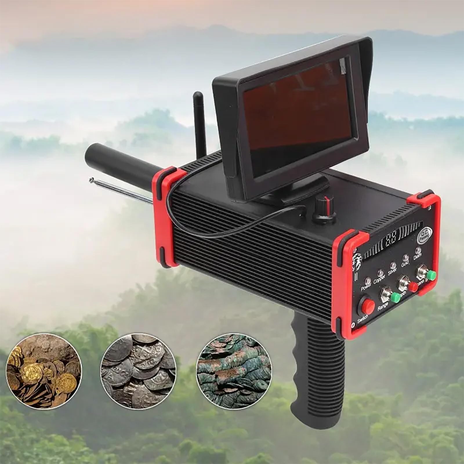 Detector de metales con pantalla LCD, doble varilla ajustable, profundidad de 20 m, alcance de 1000 m, identificación de 360° para caza de tesoros en la playa
