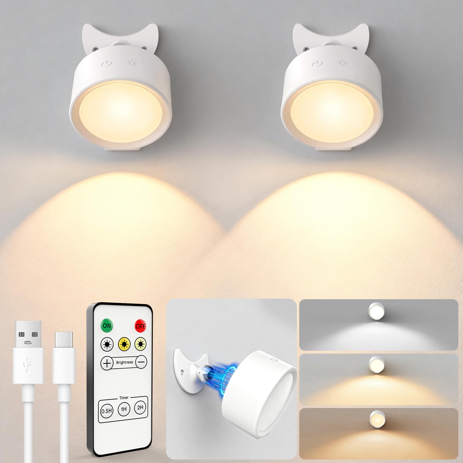 Photo 1 of ***MISSING REMOTE**** InfraRay LED Wall Lights, [160H Battery Operated] Wireless Rechargeable Mounted, 3 Color & 4 Brightness Level & 360°Rotate & Touch or Remote, Wall Sconces for Reading Bedroom(White,Set of 2)