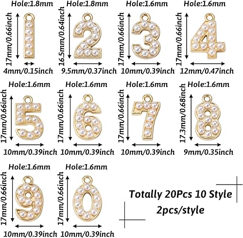 Miniatura 3 de Craftdady 20 piezas de figuras de números de aleación dorada, dijes digitales del 0 al 9, cuentas con perlas de imitación de resina blanca para