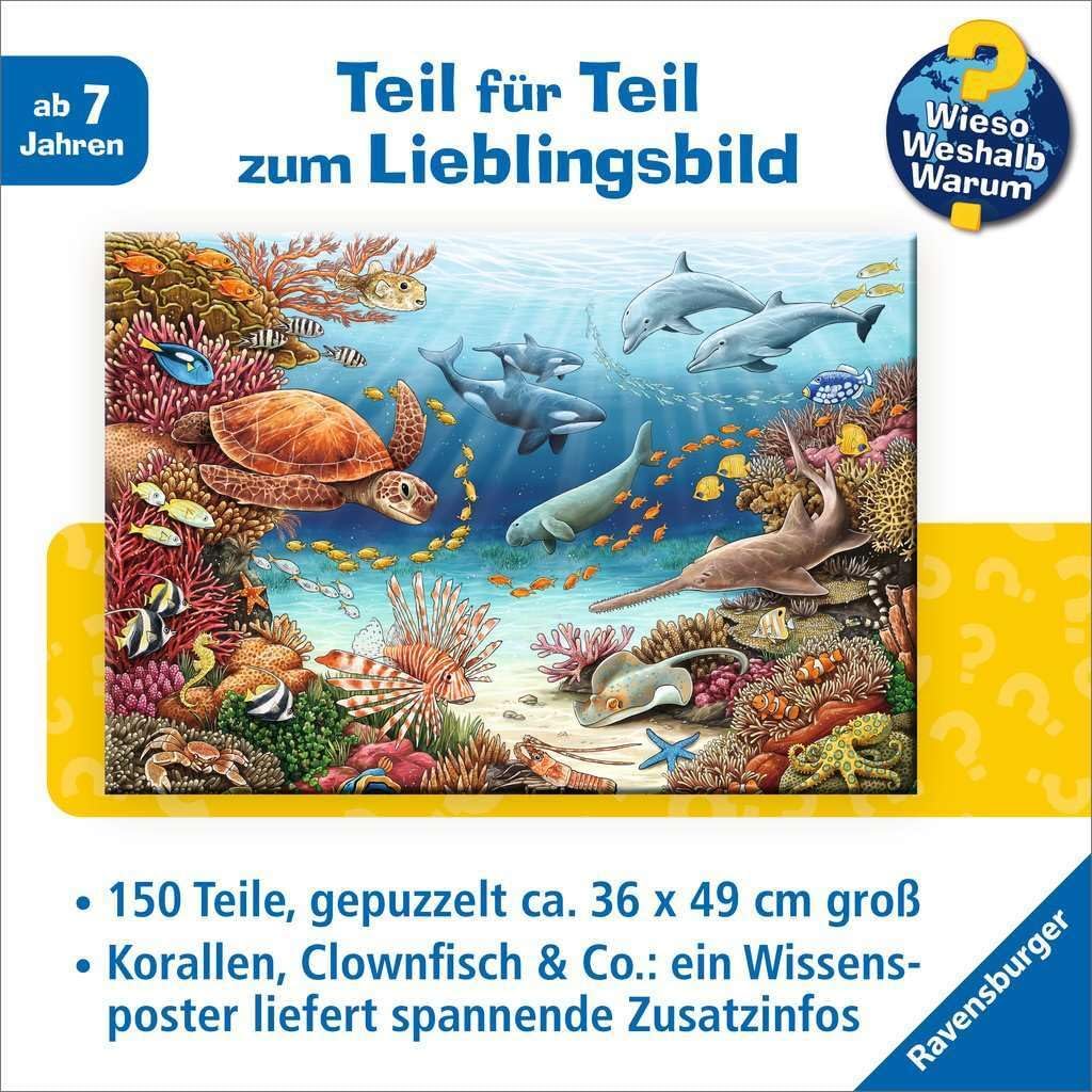 Ravensburger Children's Puzzle 13411 - Meerestiere am Korallenriff - Wieso? Weshalb? Warum? Puzzle 150 Teile XXL + Wissensposter, für Kinder ab 7 Jahren: Puzzlevergnügen paired mit Sachwissen, Yellow