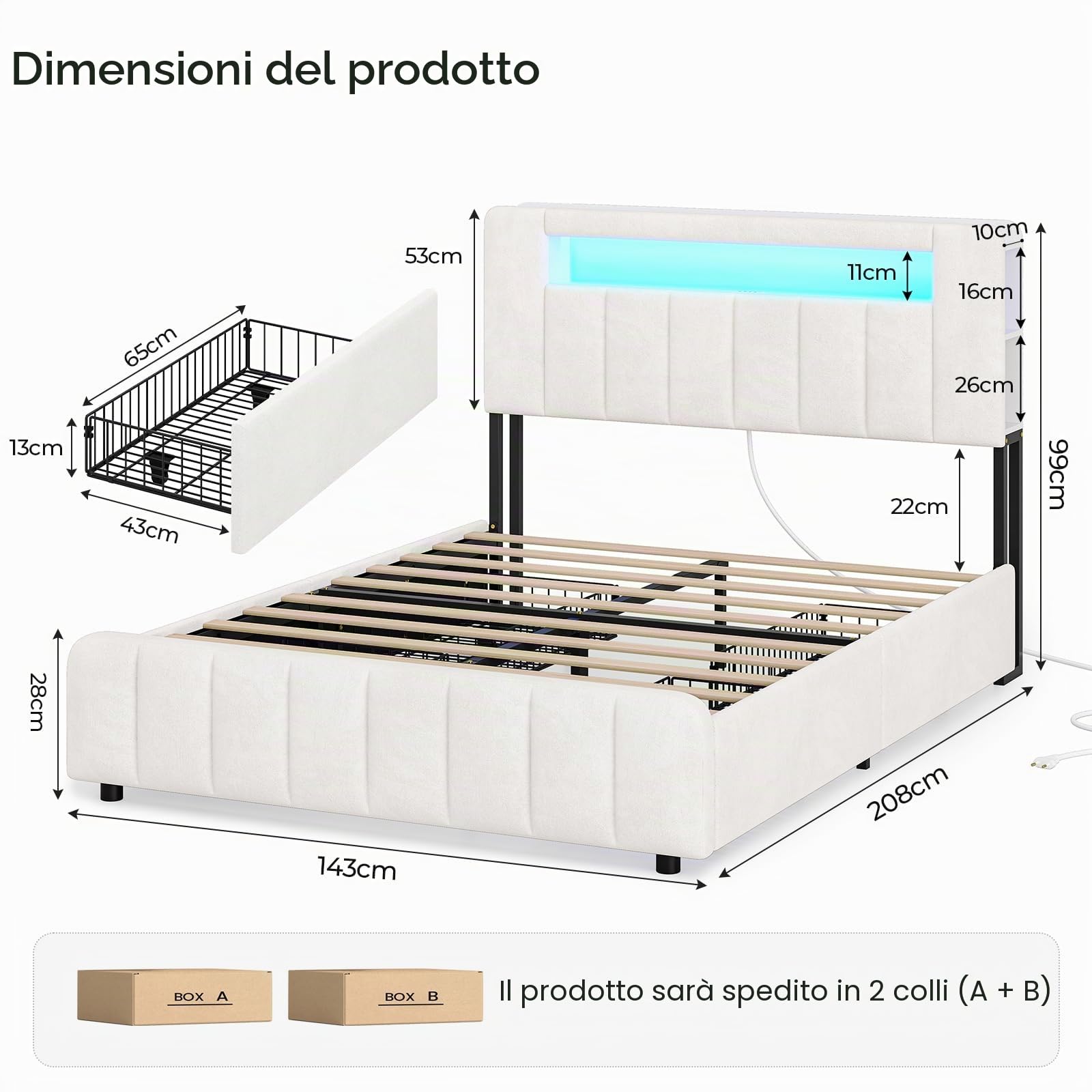 AOGLLATI Letto Matrimoniale con Contenitore 140x190, Struttura Letto con LED e Stazione di Ricarica, Letto Matrimoniale Imbottito con 4 cassetti, Vano Portaoggetti Laterale, Partizione, Velluto Beige