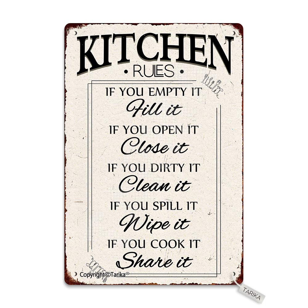 Tarika Kitchen Rules If You Empty It Fill It If You Open It Close It 8X12 Inch Retro Look Metal Decoration Art Sign for Home Kitchen Inspirational Quotes Wall Decor