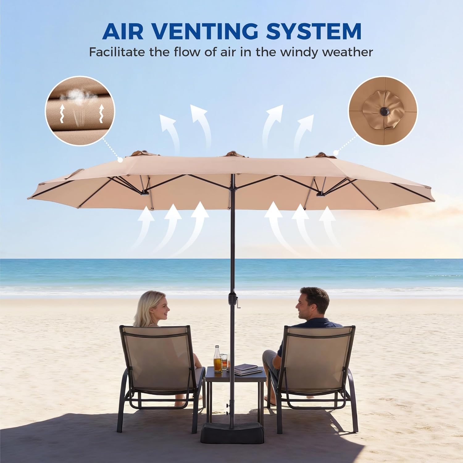 NEWBULIG 15ft Double-Sided Patio Umbrella, Extra Large Outdoor Market Umbrella with Cross Base, 12 Sturdy Ribs Triple Head Twin Canopy Umbrella with Crank for Garden, Backyard, Poolside