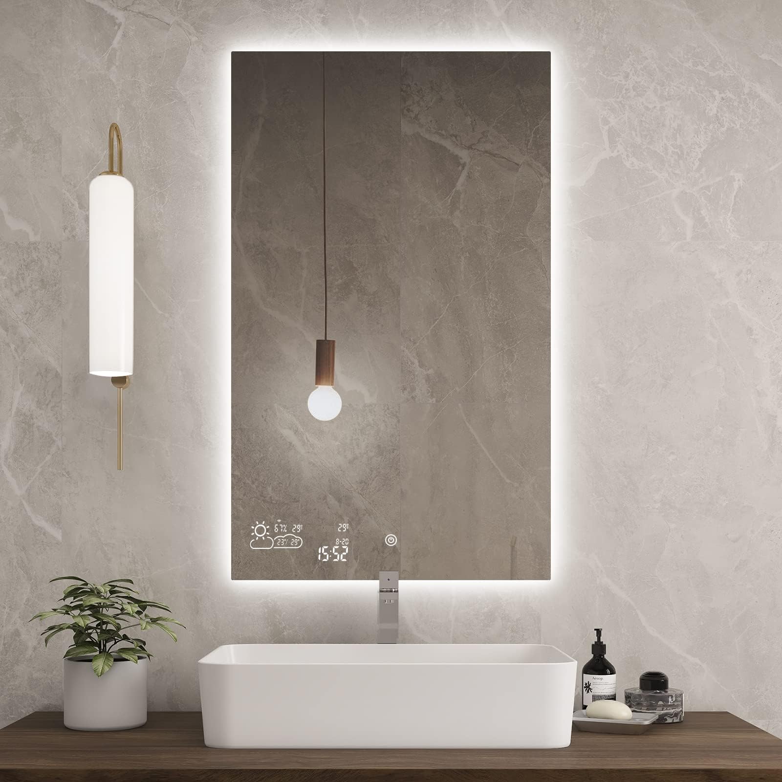 BYECOLD Vertical Vanity Bathroom Mirror with Adjustable LED Light Touch Switch Demister Weather Forecast Lighted Makeup Mirror Wall Mirror-23.6"x 39.4"