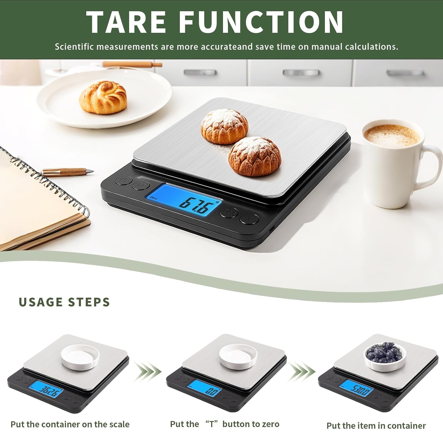 Three-step illustration of the Tare function on the MEIYA Digital Kitchen Scale