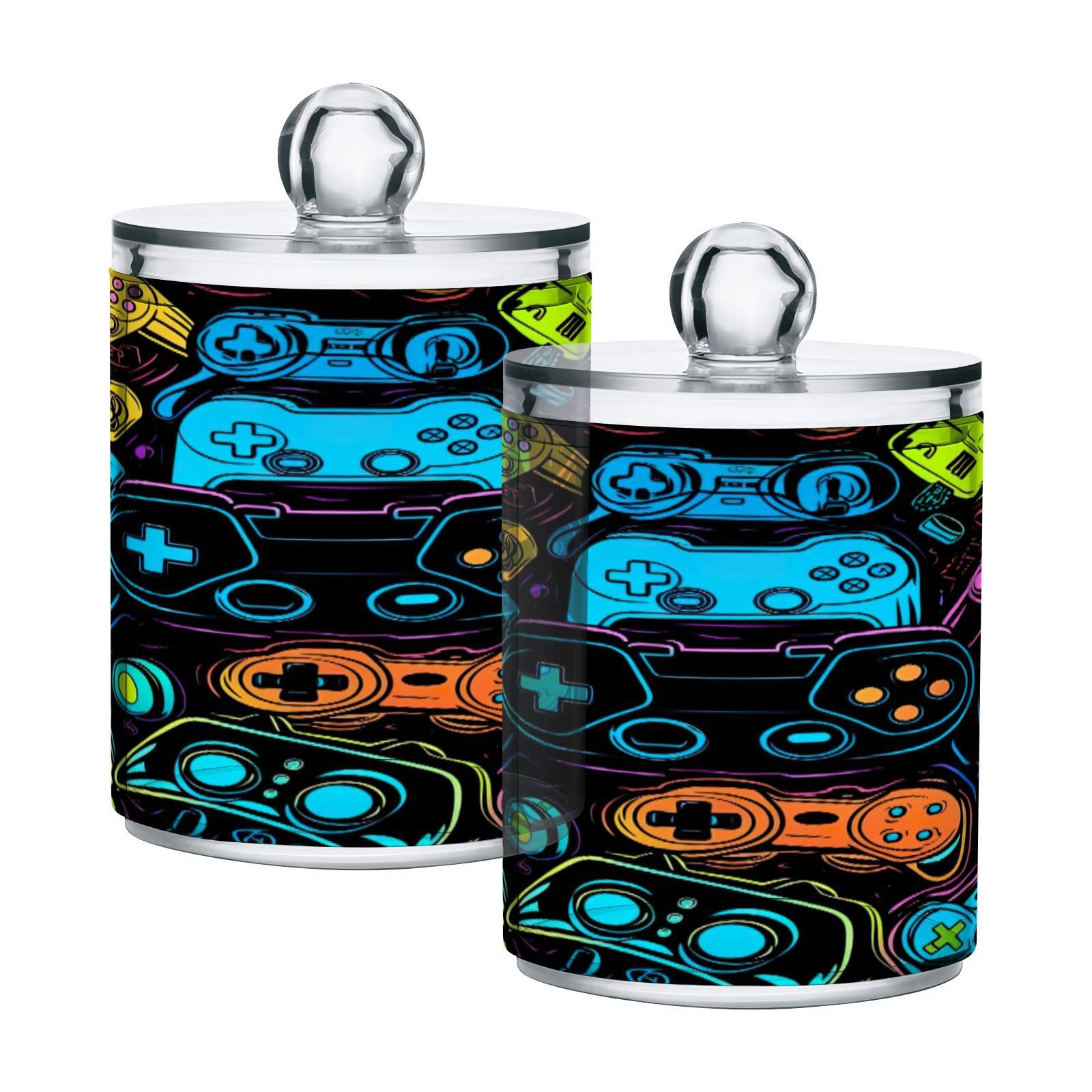 Blueangle 2 Pack Colorful Video Game Controllers Qtip Holder Dispenser for Cotton Ball, Cotton Swab - Plastic Apothecary Jar Set for Bathroom Canister Storage Organization?605?
