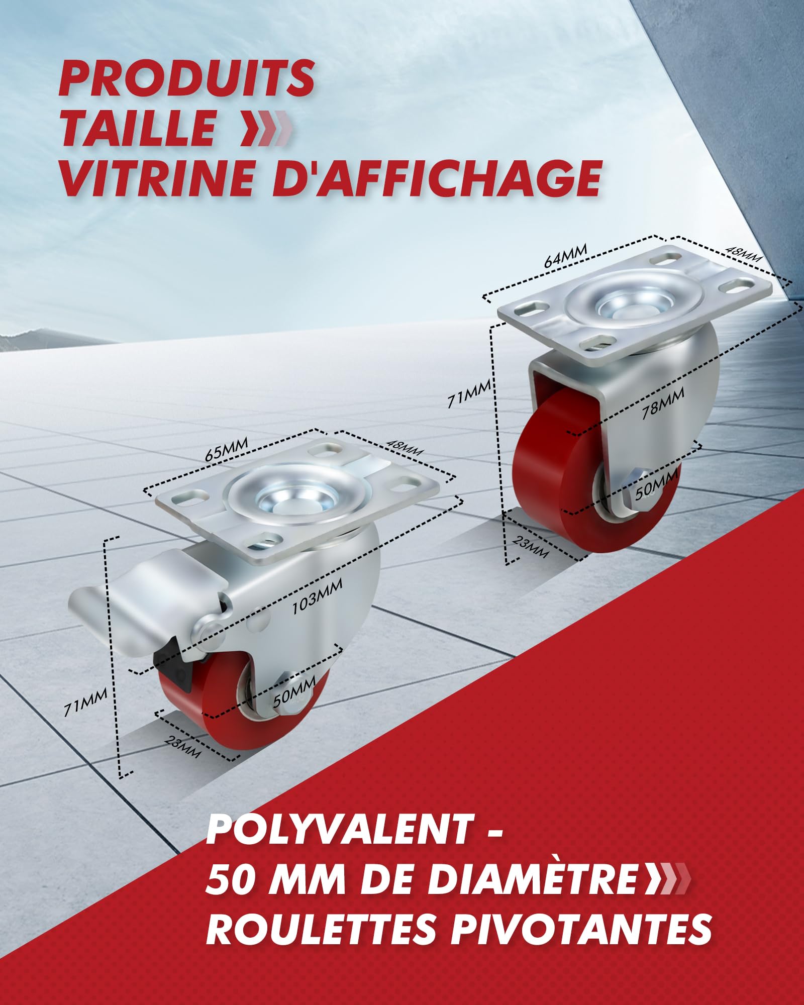 Lot de 4 roulettes industrielles de 50 mm, 1000 kg, silencieuses, plaque en polyuréthane, roulettes pivotantes avec frein, étrier en acier pour transport d’usine et tramway