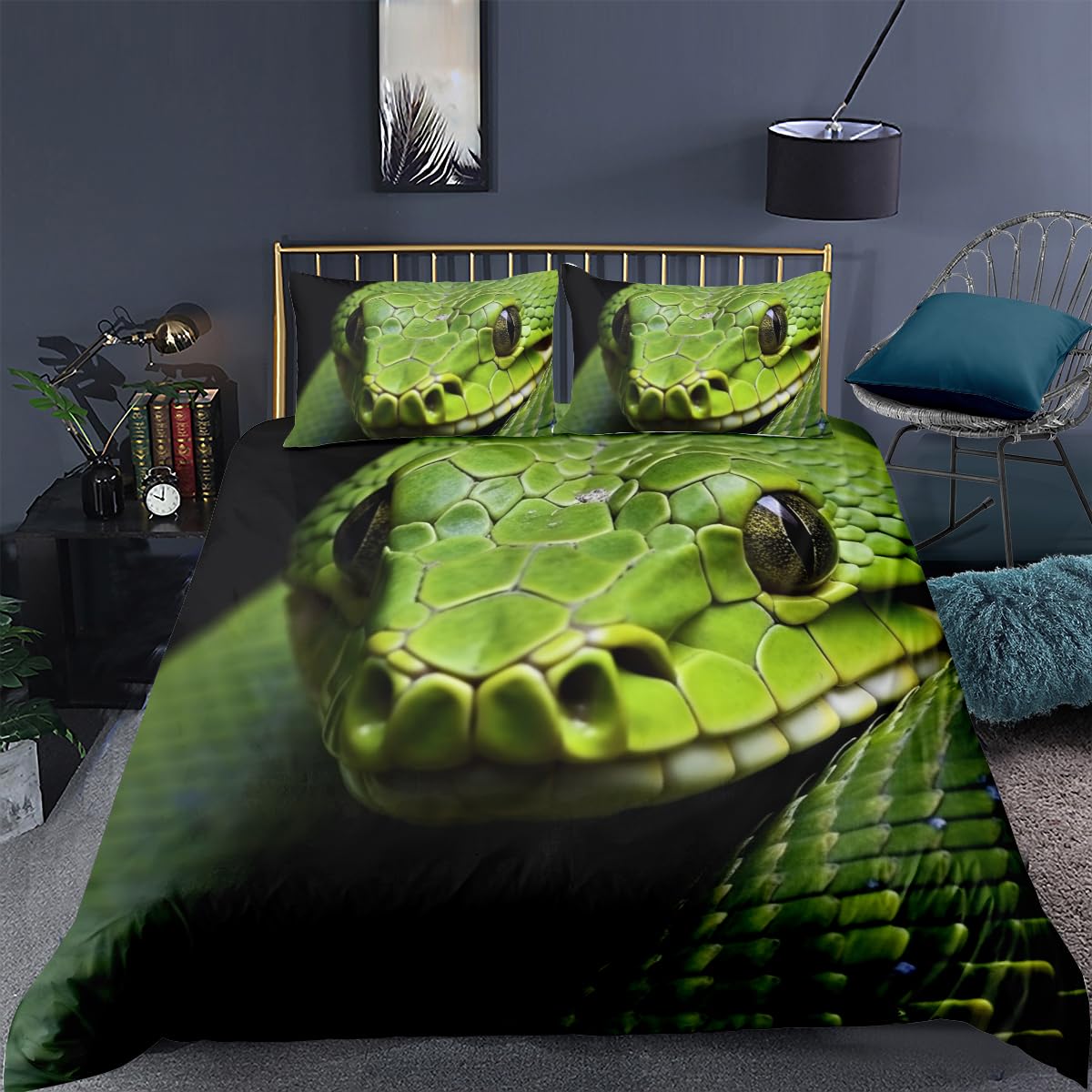 CCoutueChen Snake Duvet Cover Twin Size 3D Green Snake Duvet Cover Sets Reptile Wild Animal Bedding Duvet Covers for Girls Boys Kids Adult (No Comforter)