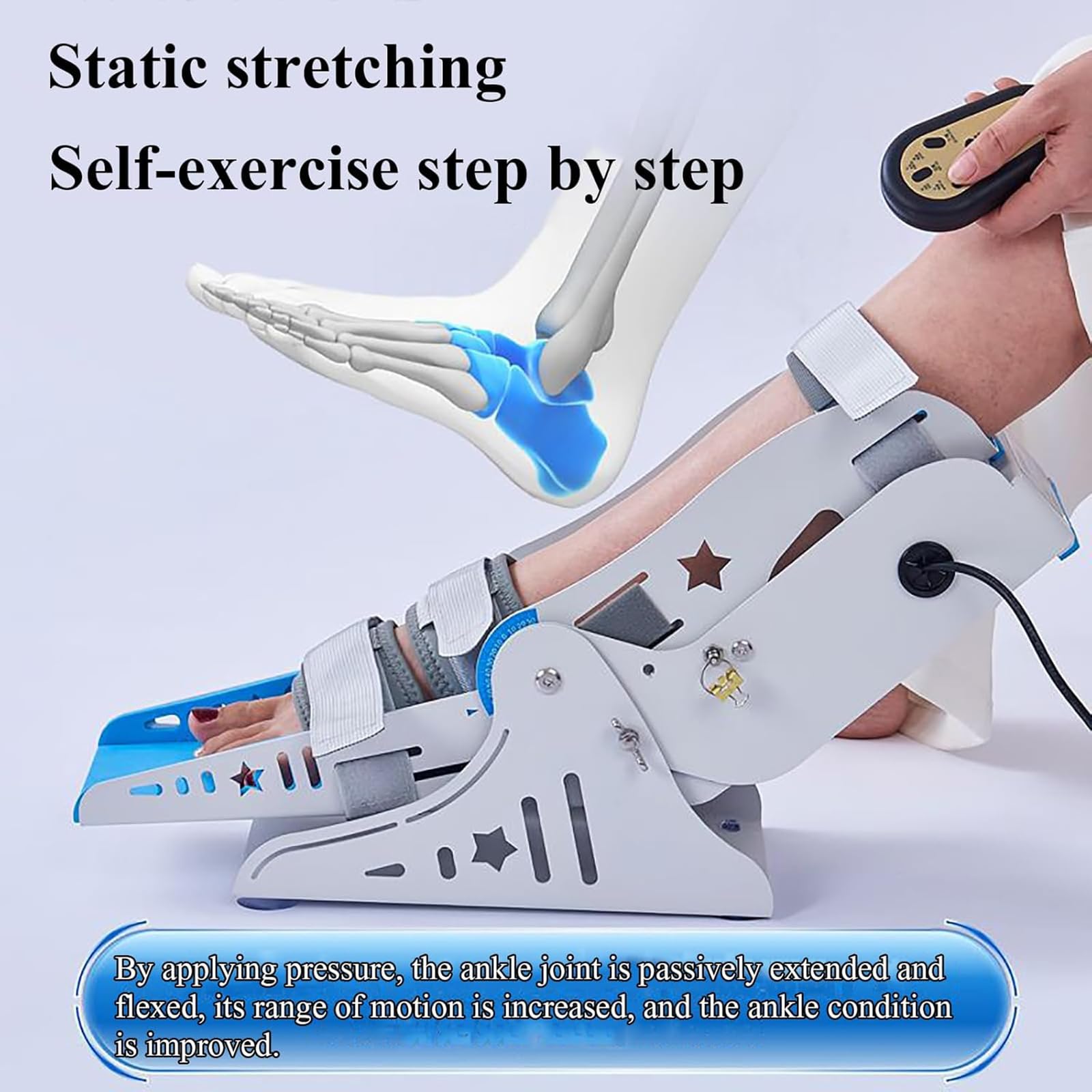 Entrenador eléctrico de rehabilitación de pies con control remoto, modos manual/automáticos, ángulo ajustable para recuperación de accidentes cerebrovasculares, uso sentado o acostado