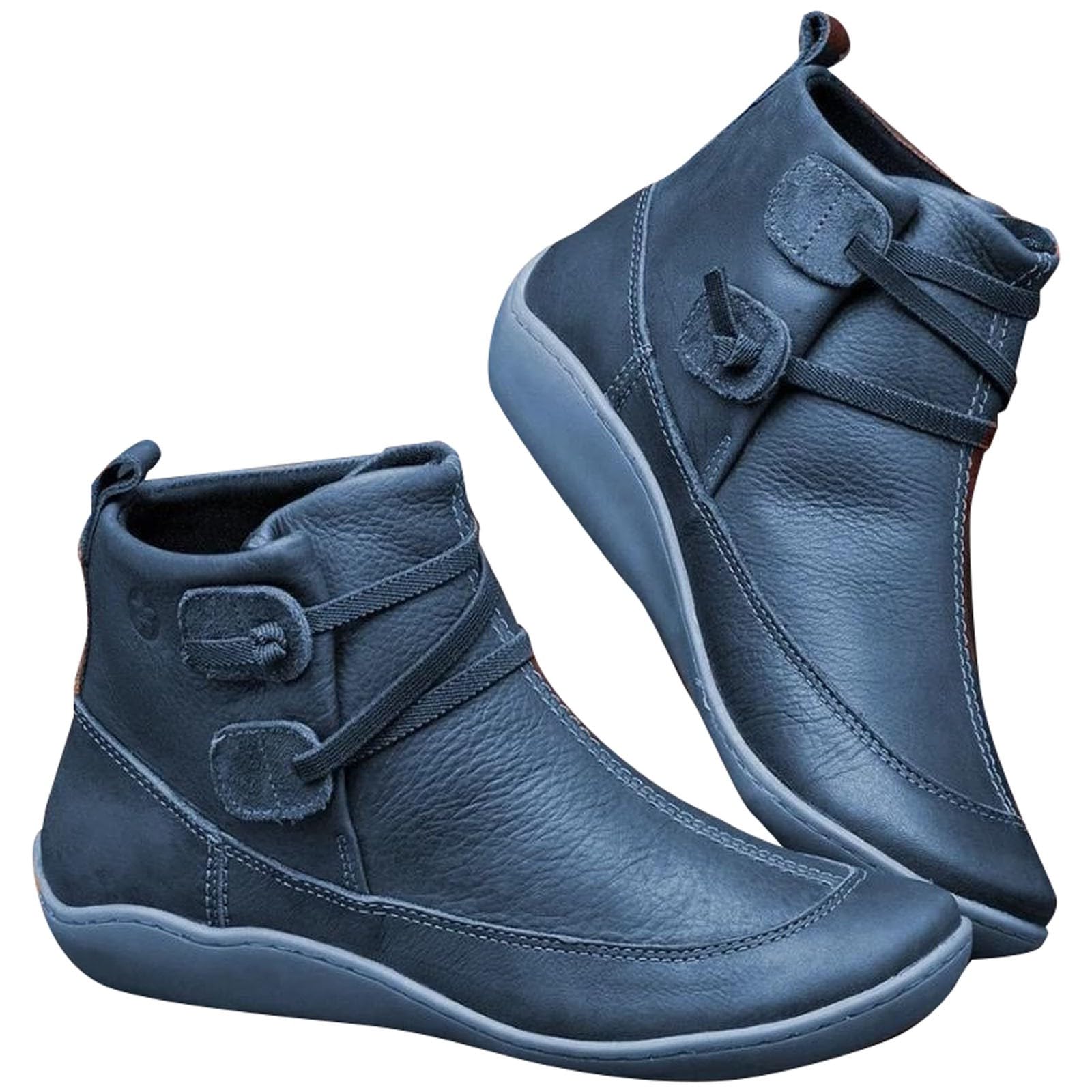 GenericWomen's Vintage Ankle Boots Arch Support Shoes for Women with Side Flat Ankle Boots Women Boots for Women Low Heel Leather