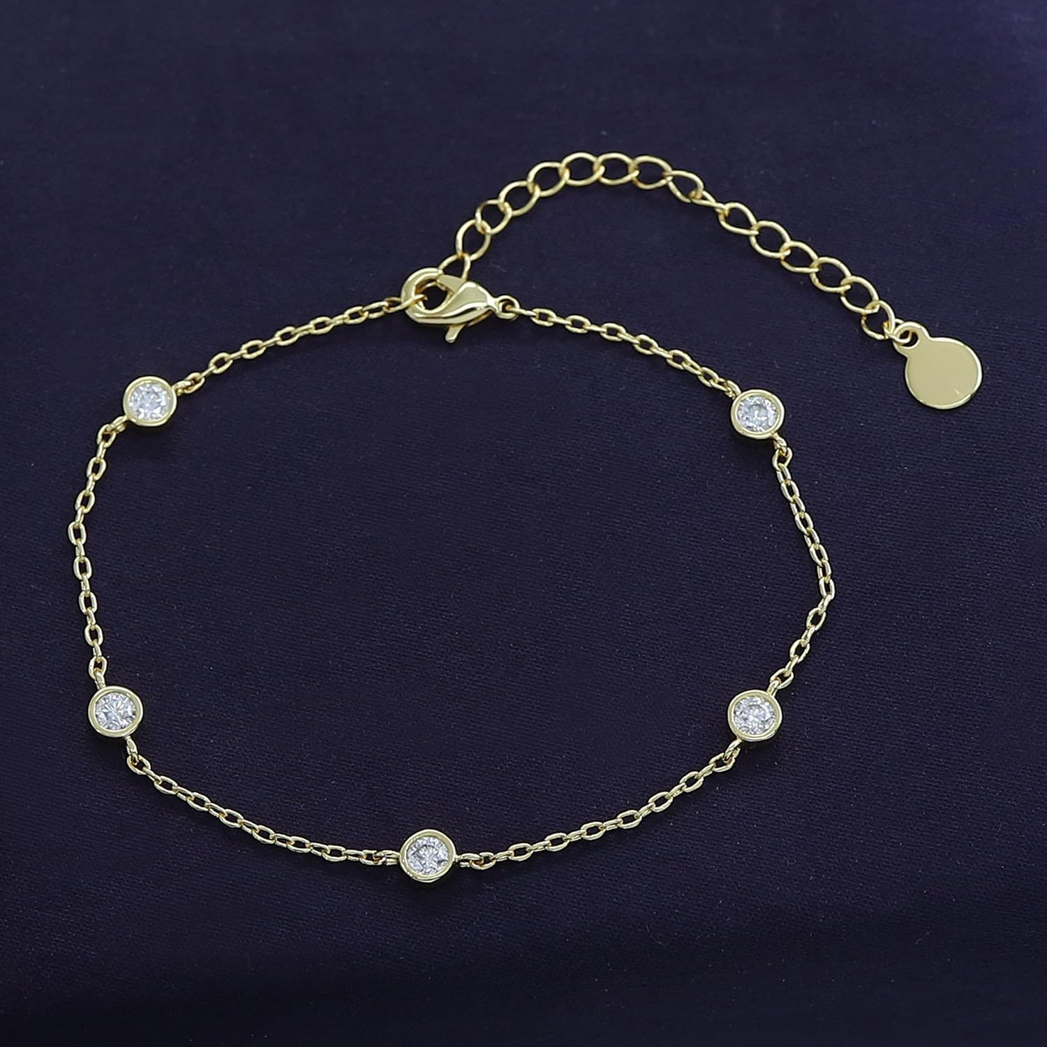 18K Gold Plated Five Stone Station Link Bracelet for Women| 3MM Moissanite Classic Tennis Bracelet | Bezel-Set 6" + 2" Adjustable Chain Bracelet (0.50 Cttw) - Image 7