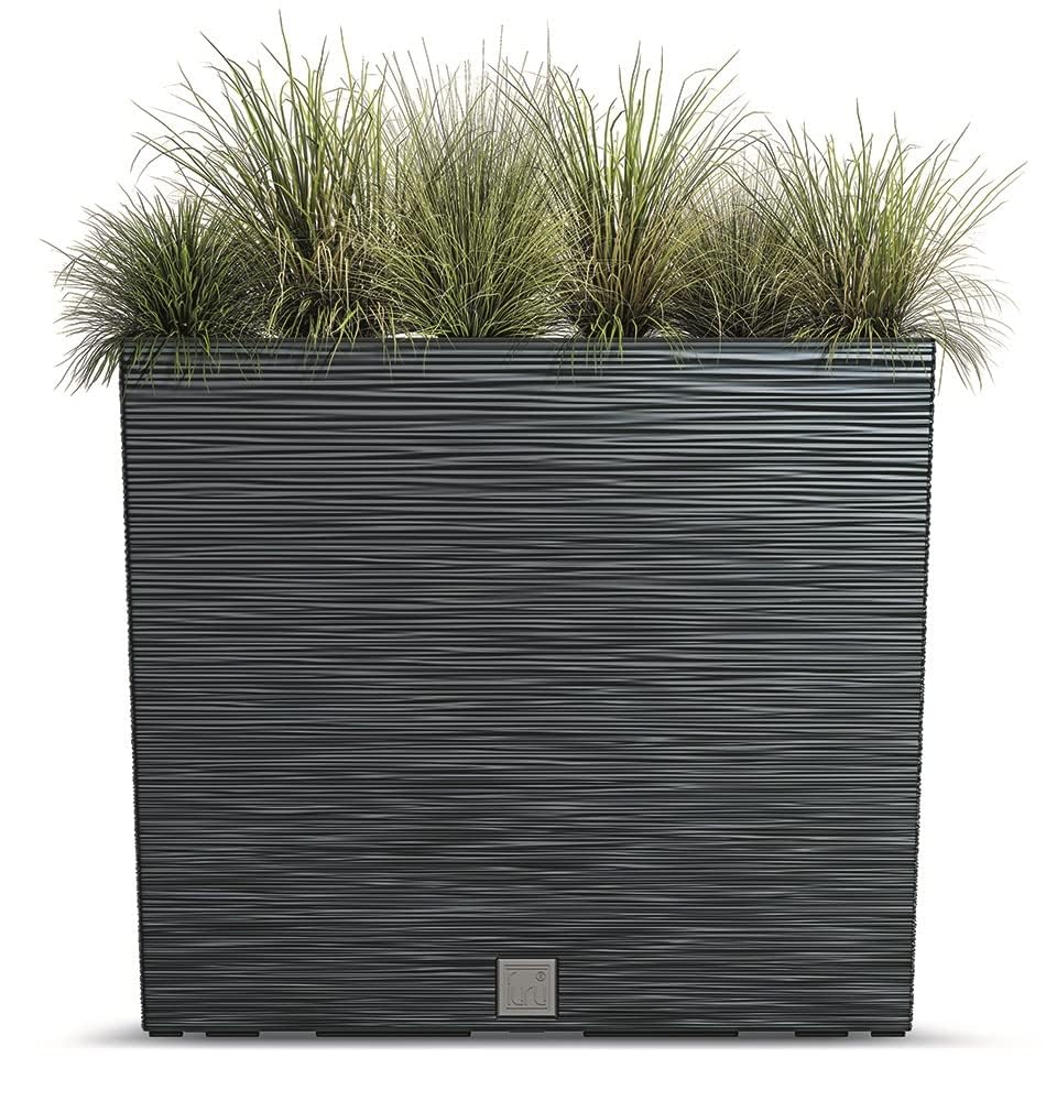 rg-vertrieb Blumenkasten Pflanzkübel Hoch Rechteck 58×50 cm mit Pflanzeinsatz – UV- & frostbeständig, Moderne Streifenoptik, Kunststoff Blumentopf für Balkon Garten Terrasse (Anthrazit)