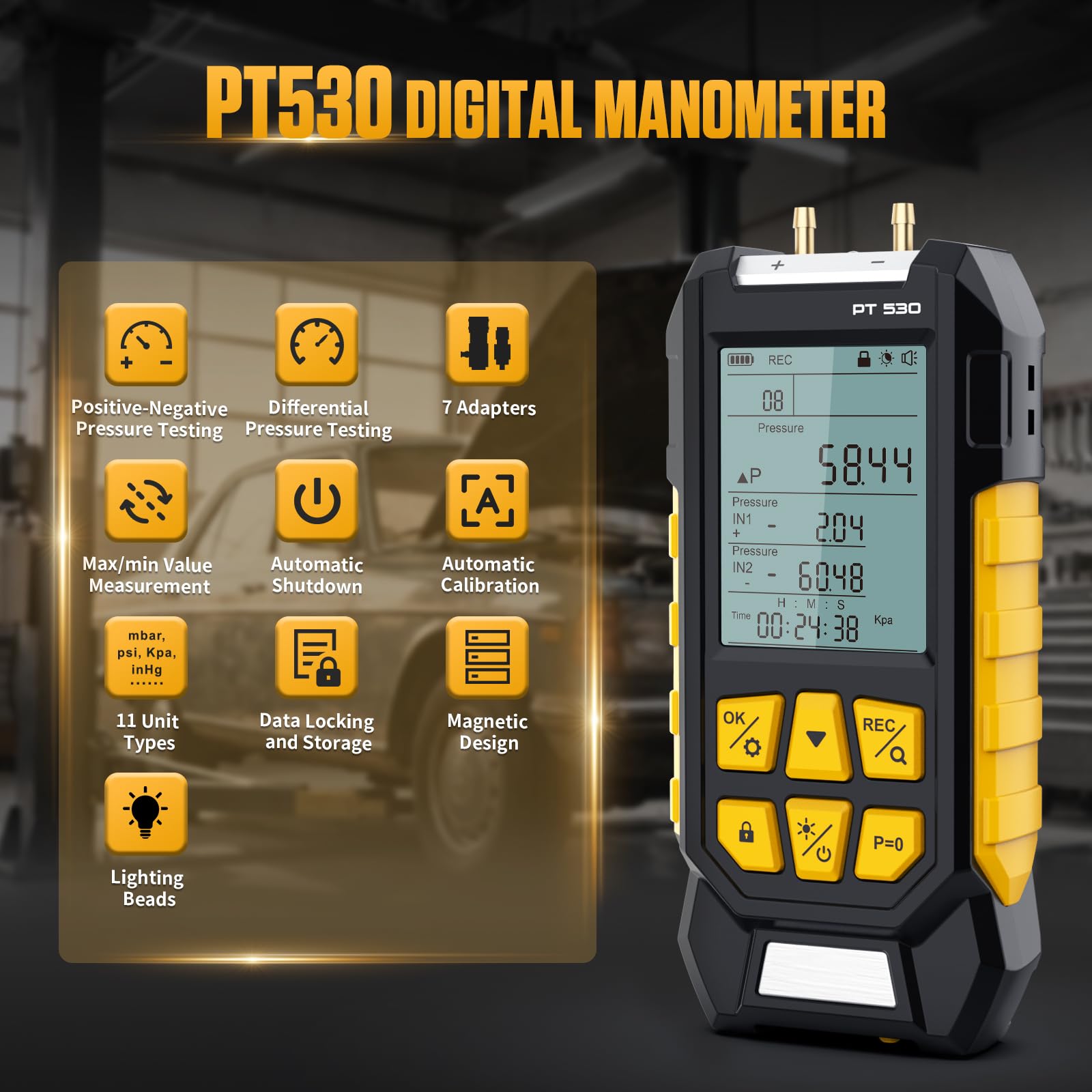 Medidor de presión diferencial PT530, para medir diferencias de presión con un rango de medición de -100 a 300 kPa, aplicable en diferentes escenarios de sistemas HVAC y 11 unidades seleccionables