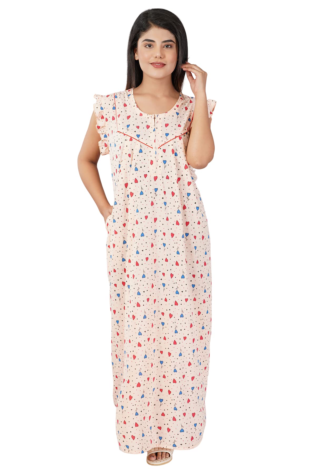 Girl's/Women's- Sleeveless Nighty | Maxi | Gown- Sinker Hosiery Knits Cotton Fabric- Heart Printed (Long, Peach)-image-8