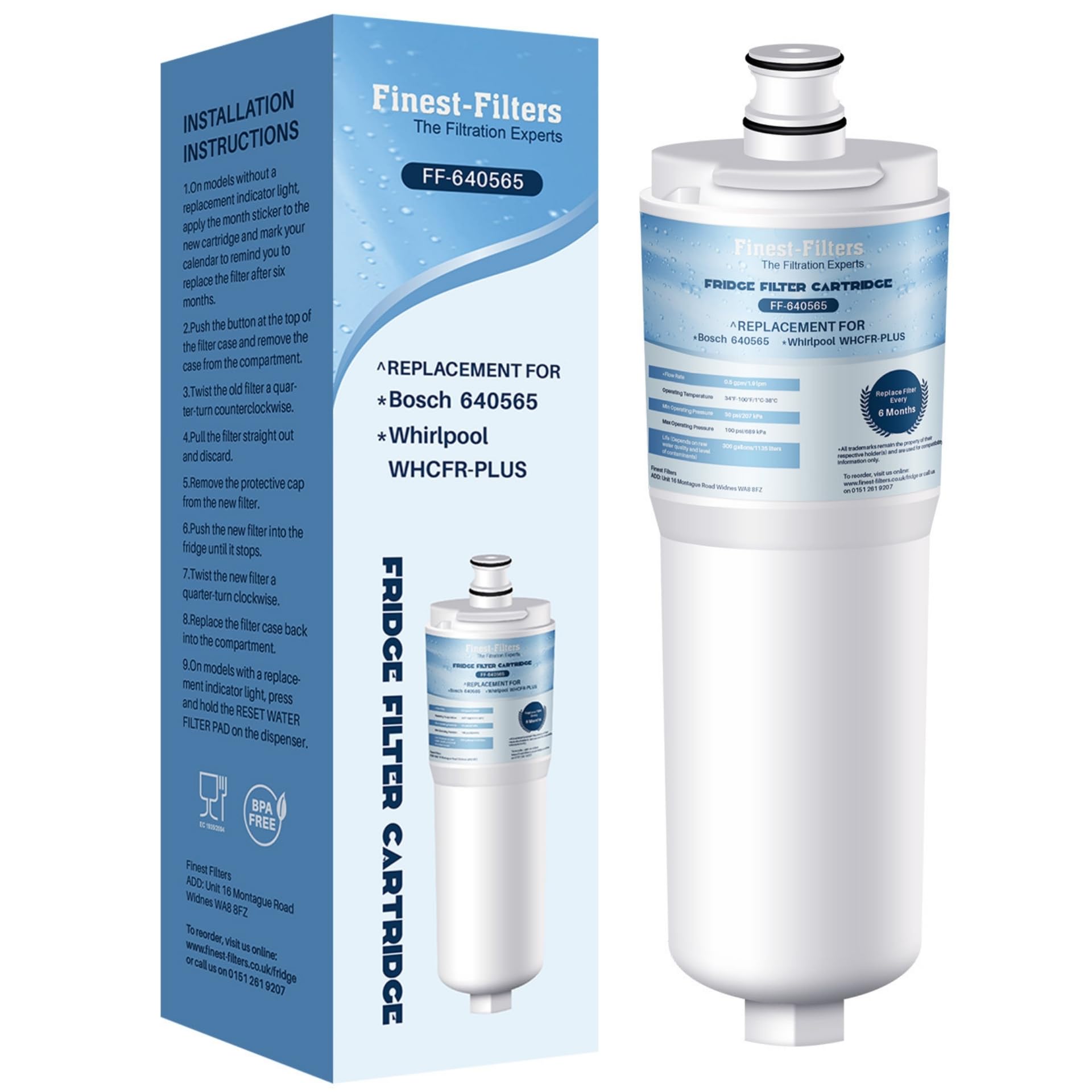 Fridge Water Filter Compatible with 3M CS-52 for Bosch 640565, Siemens, Whirlpool WHKF-R-Plus, WHCFR-Plus, Neff Refrigerator Filters 00576336, 576336, 00640565, CS-452, CS-451, CS-51