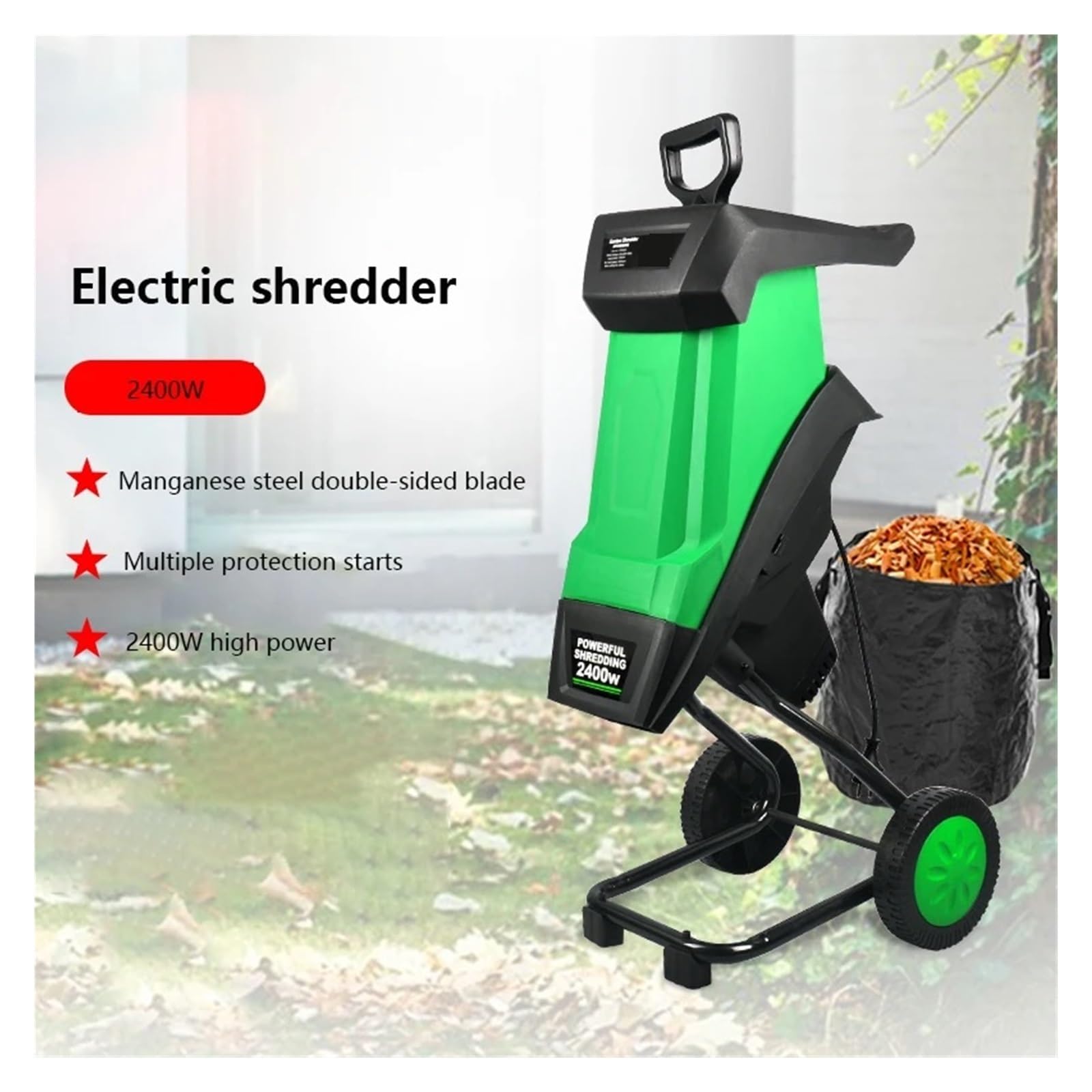 Trituradora De Jardín 2400W Y 50L, Ramas Hojas, Eléctrica, Herramientas , Madera, Puede Romper Funcionamiento Silencioso(2400Wshredder+10m Line)