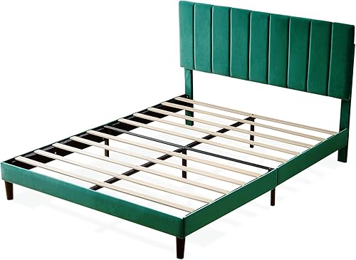 Miniatura 7 de Dolonm Cama de plataforma tamaño Queen con cabecera tapizada y soporte de listones, tela de terciopelo, base de colchón resistente, no requiere