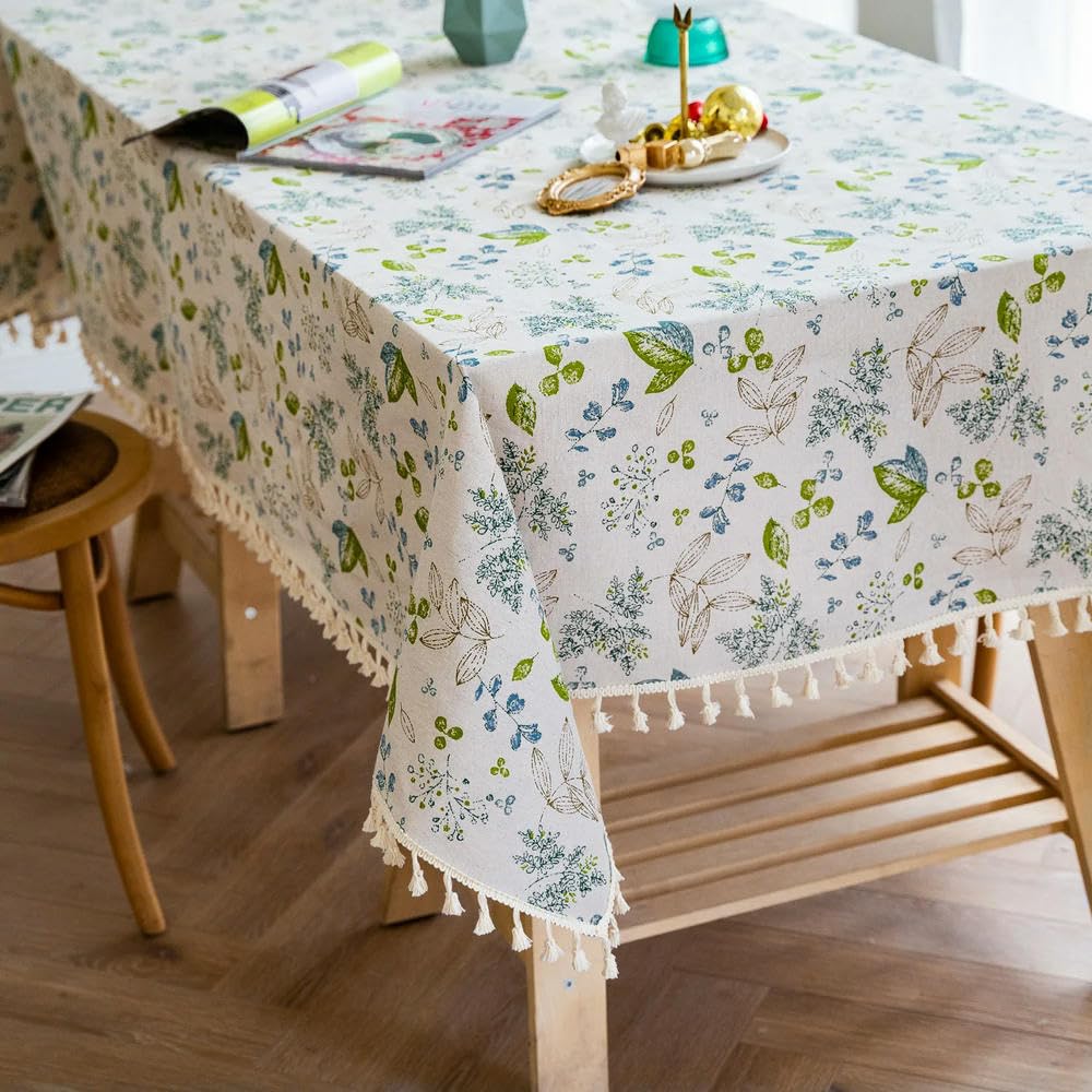 Mantel de Lino y algodón de 60 a 300cm Estilo japonés Floral con Borla Rectangular para Cocina Mapa decoración de Mesa para el hogar