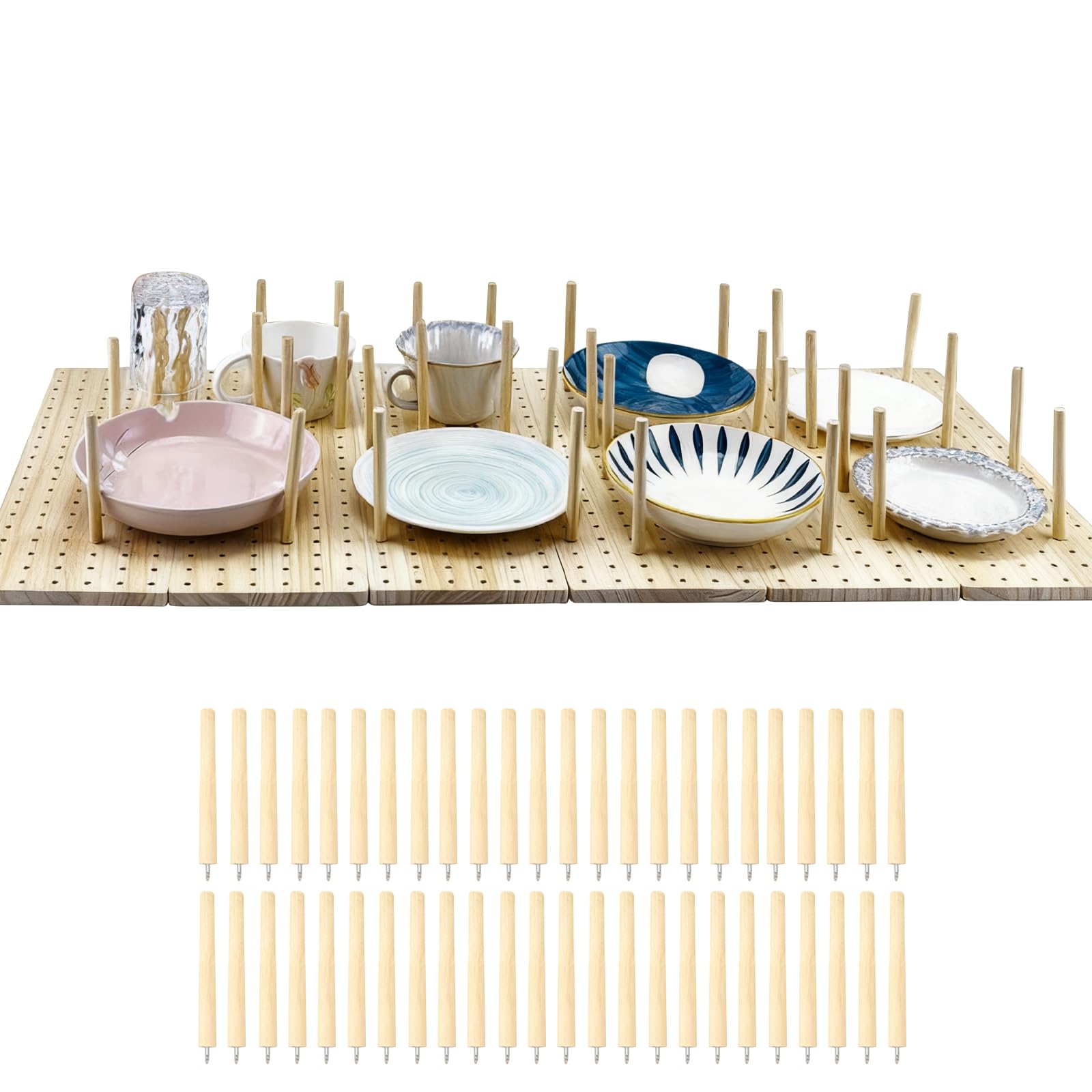 Aartner Wooden Plate Rack Pegboard Drawer Organizer Set,4/6-Piece-32/48 Pegs & Screws Included Adjustable Drawer Organizer for Dishes, Kitchen Pegboard for Food Containers (6 Set(43.3X15X1CM))