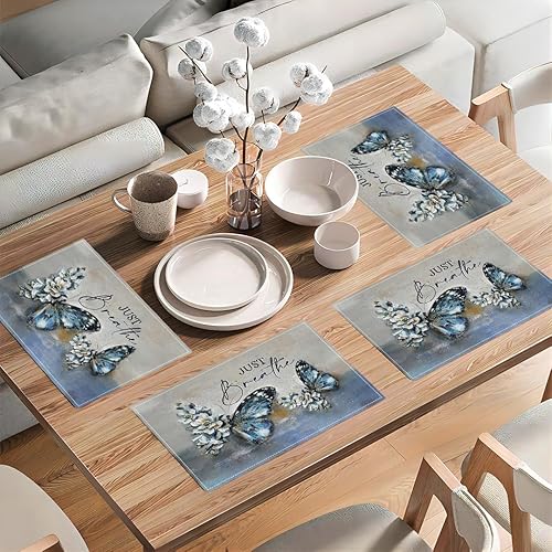 Miniatura 6 de Juego de 4 manteles individuales con diseño de mariposa azul, estilo rústico de granja con texto en inglés "Just Breathe", manteles individuales