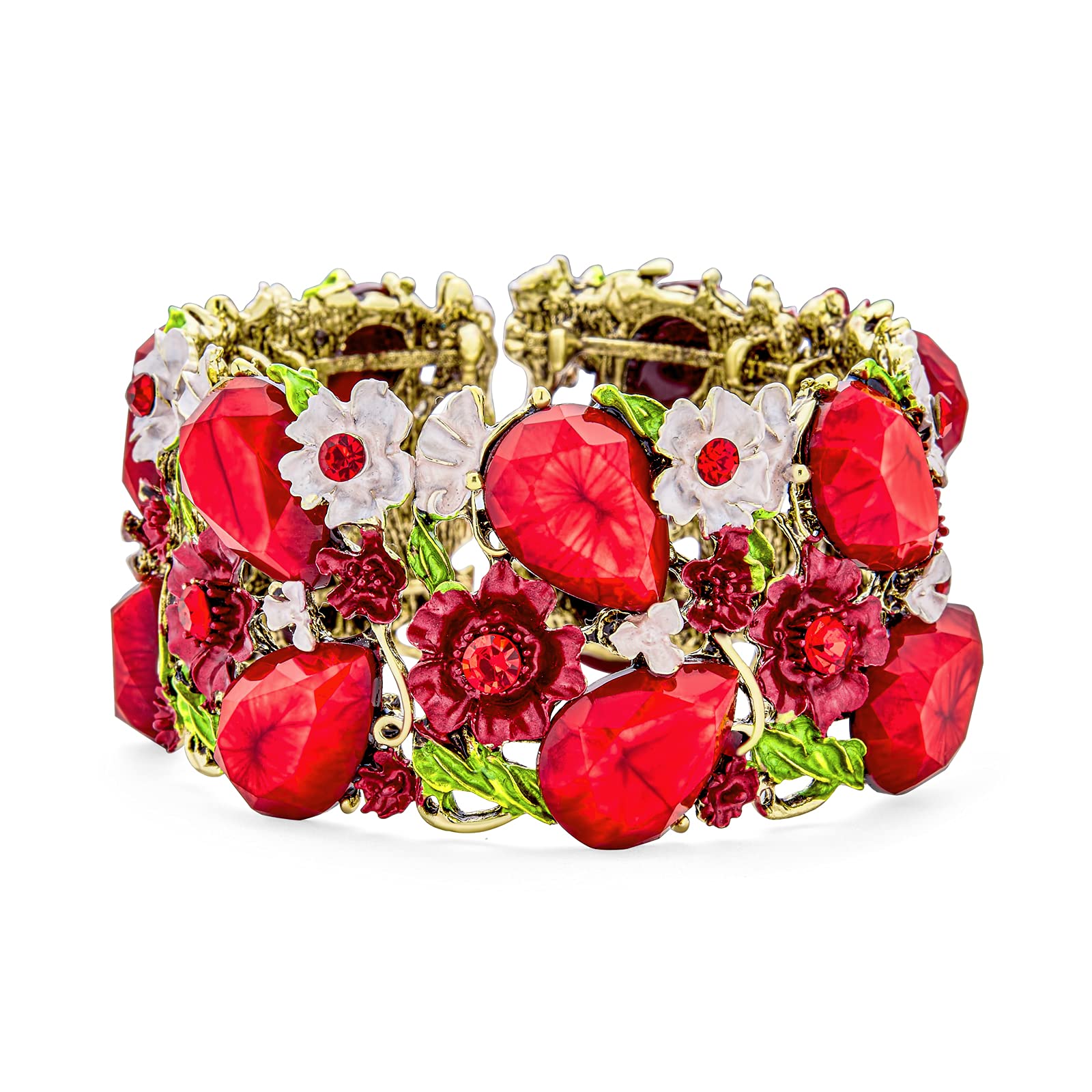 Bling Jewelry Wide Red Crystal Flower Statement Cuff Bracelet For Women Flexible Oxidized Gold Plated