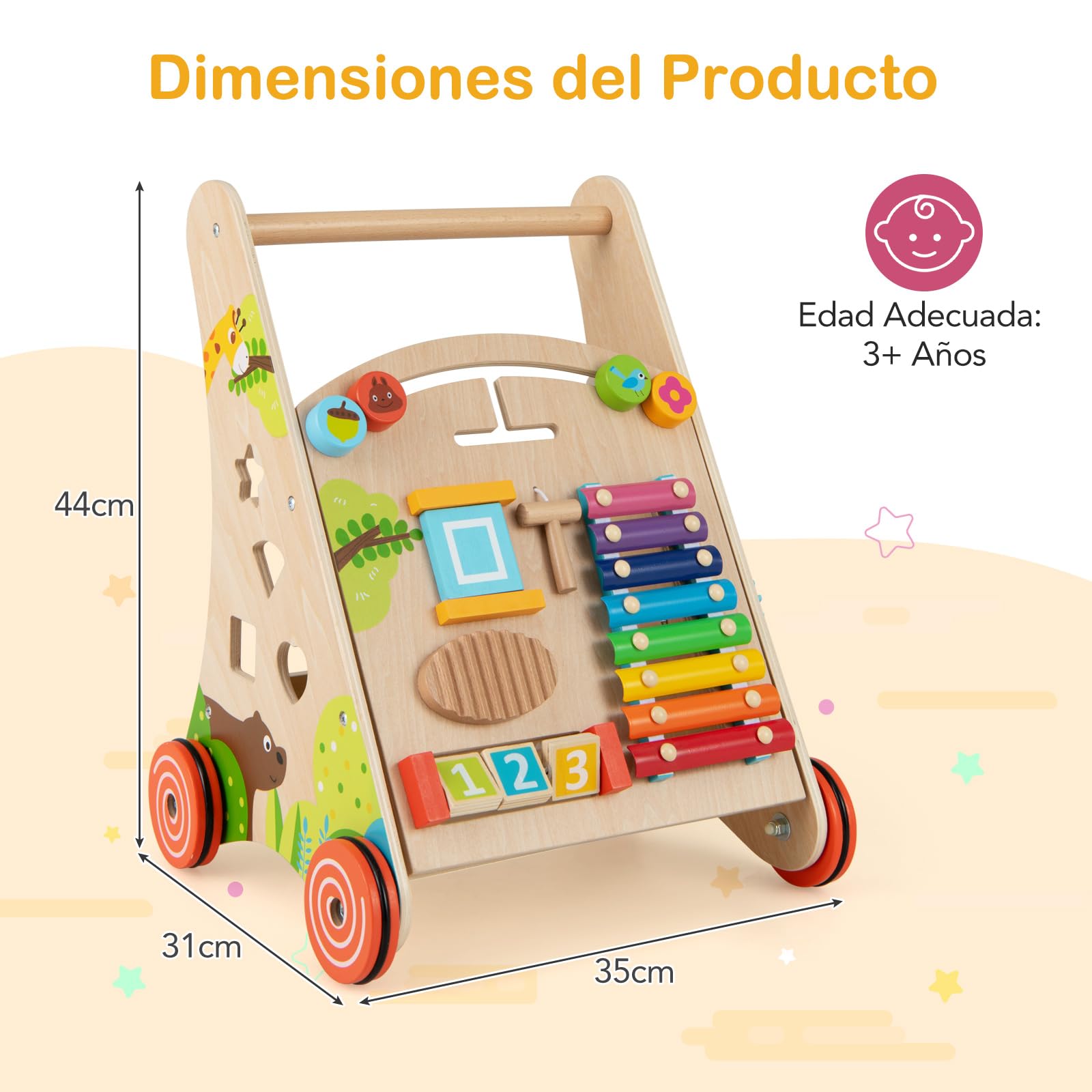 COSTWAY Andador para Bebé de Madera, Correpasillo de Empuje con Asa, Almacenaje y Ruedas, Juguete de Aprendizaje Montessori de Empuje y Tirón, Tacata de Sentado a de Pie para Niños de 3+ Años