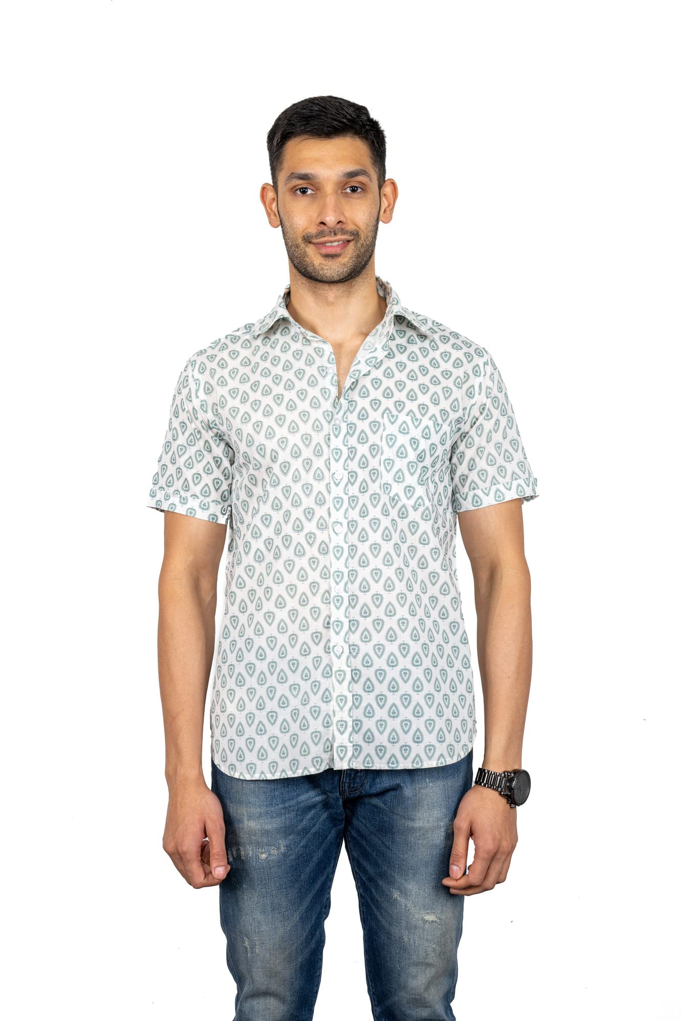 STYLE MATTERSMen’s Printed Casual Stylist Cotton Blend Shirt |Regular Fit Half-Sleeve Shirt for Men (Soothing Spade Print) OffWhite