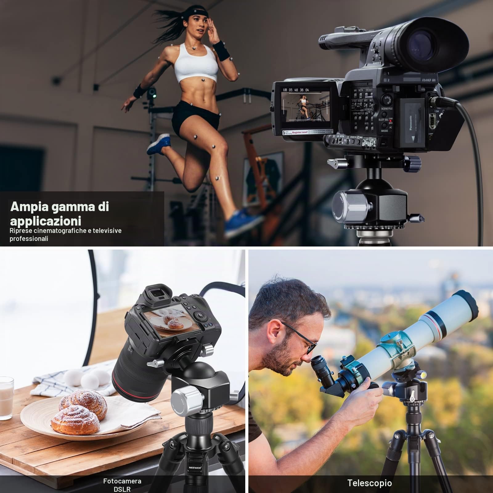 NEEWER Testa a sfera a basso profilo, 44 mm, resistente CNC, in lega di alluminio con doppia vite panoramica a 360° e 1/4", per fotocamera DSLR, videocamera, treppiede, monopiede, massimo carico: 25
