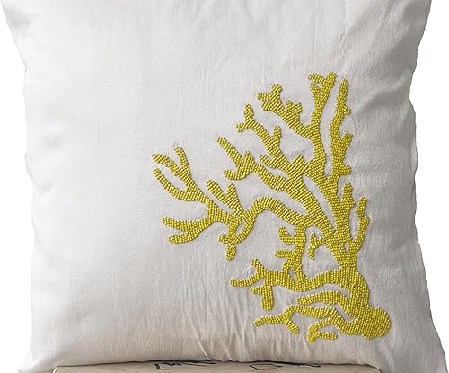 Miniatura 1 de Amore Beaute Funda de almohada decorativa blanca hecha a mano con bordado de arrecife de coral amarillo, funda de almohada con cuentas a mano, funda