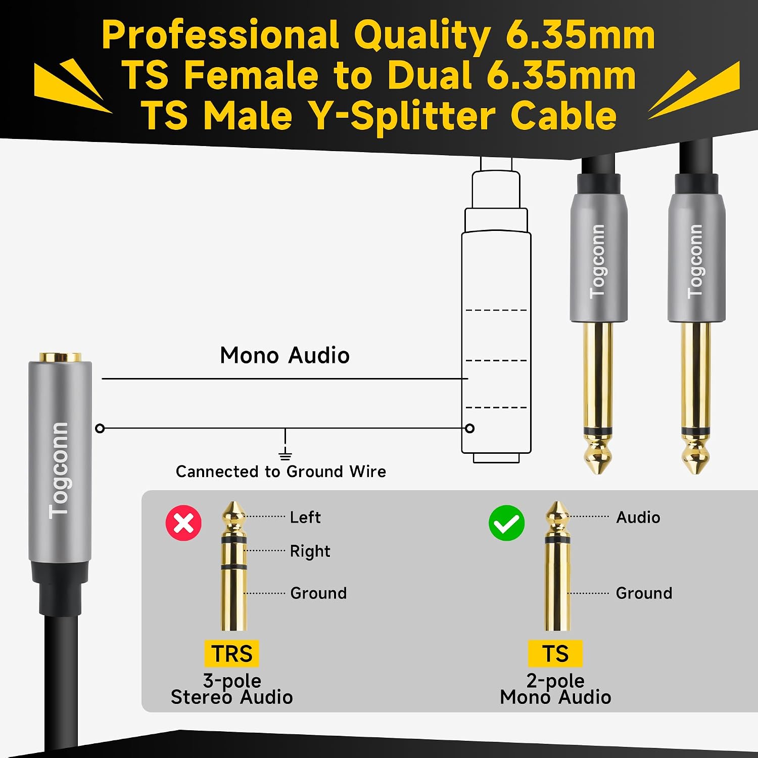 1/4 inch TS Mono Splitter Y Adapter, 6.35mm Mono Female to Dual 6.35 mm TS Mono Male Jack, Quarter inch Audio Speaker Splitter Converter Cable 1 Feet, Gold Plated Connectors image 3