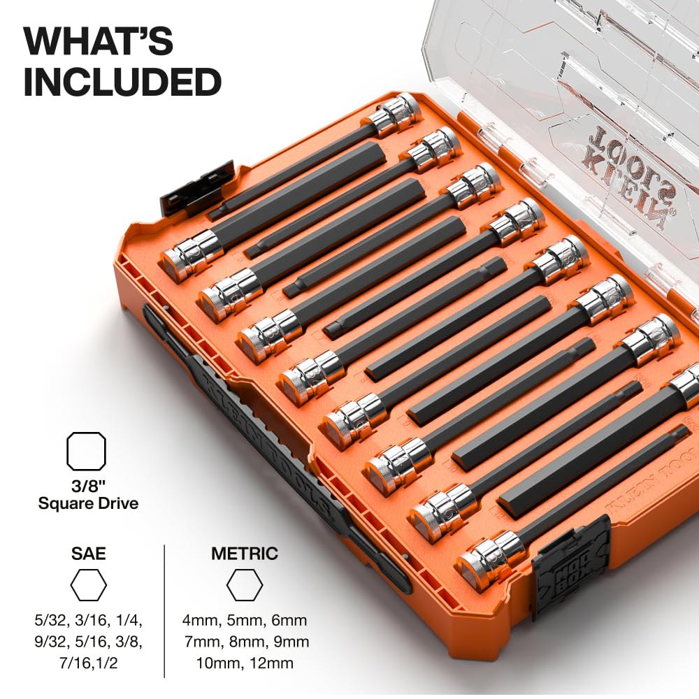 Klein Tools 652216HEXL - Set di chiavi a bussola esagonali lunghe, 16 pezzi, SAE e metriche, punte esagonali lunghe, custodia MODbox