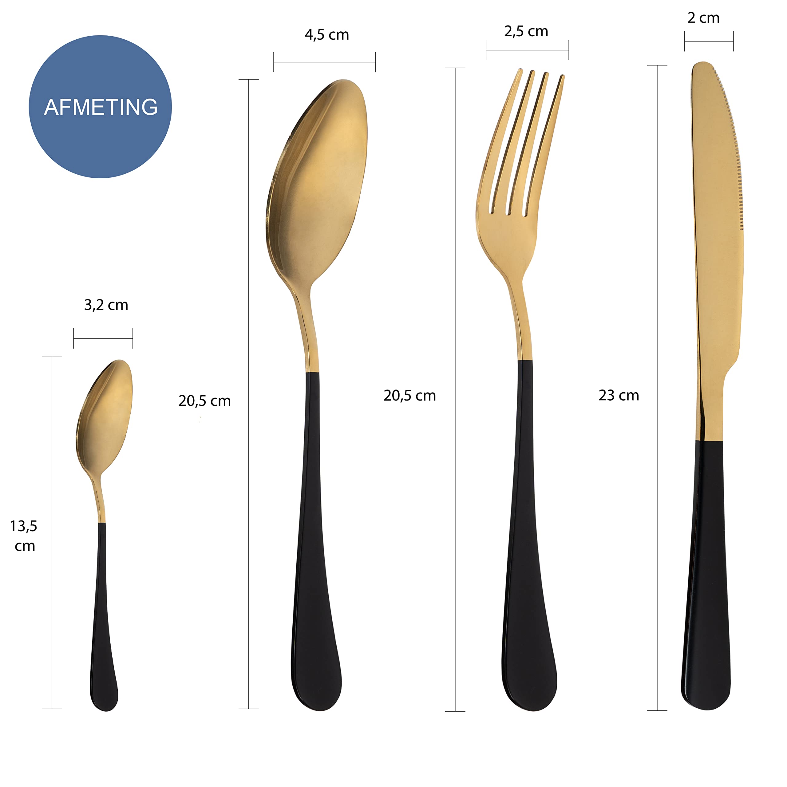 Krumble Besteck-Set 24 Teile - 6 Personen - Besteck-Set besteht aus einem Messer, Gabel, Löffel und Dessertlöffel - Tafelmesser - Tafellöffel - Edelstahl - Gold und schwarz
