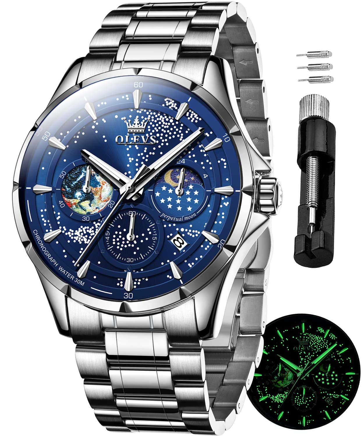 OLEVS Montre pour homme avec cadran à quartz analogique et motif ciel étoilé et lune - Étanche et lumineuse, Bracelet argenté cadran bleu, Montres à quartz