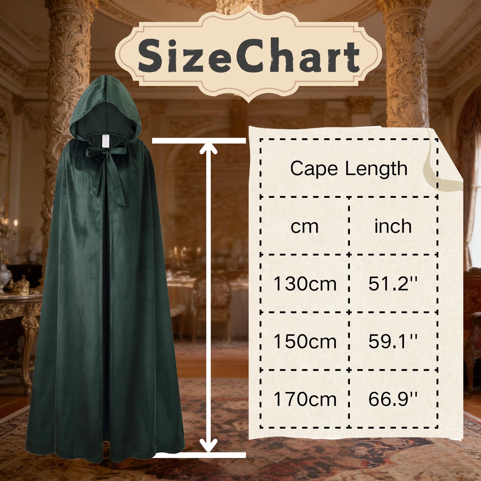 DELIVESS Adult Velvet Hooded Cloak Medieval Renaissance Cape for Halloween Cosplay Party Carnival Parade Costume(Green,51" - Image 2