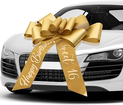 Wonderjune 30 Inch Big Car Bow - Giant Sweet 16 Birthday Bow Gift Wrapping Decoration for Surprise Party, Birthday DecorationsGold