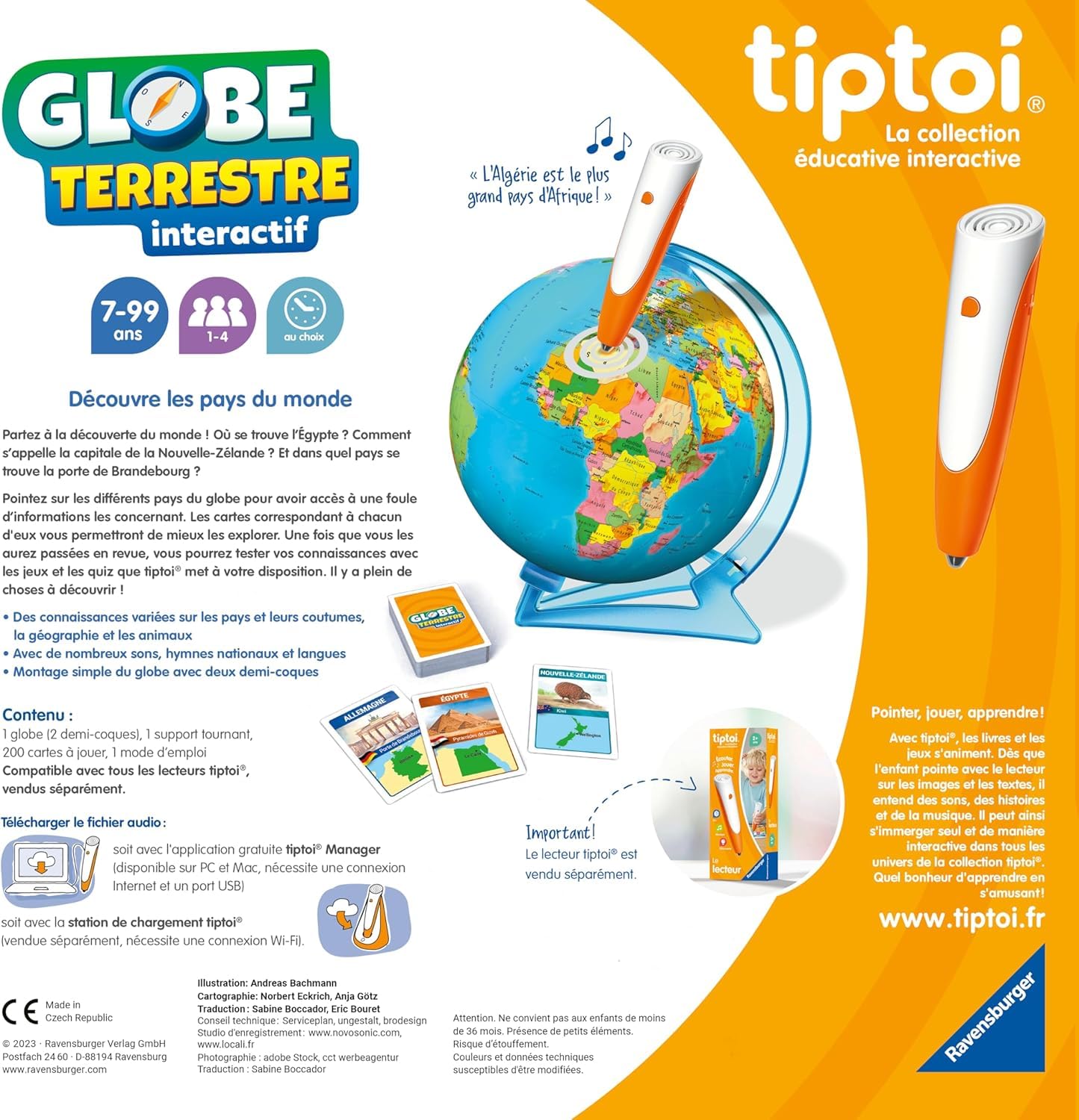 Ravensburger tiptoi Interactive Globe, juego educativo para niños sin pantalla, aprende geografía y el mundo, 200 cartas, a partir de 7 años, el lector tiptoi se vende por separado, versión en francés
