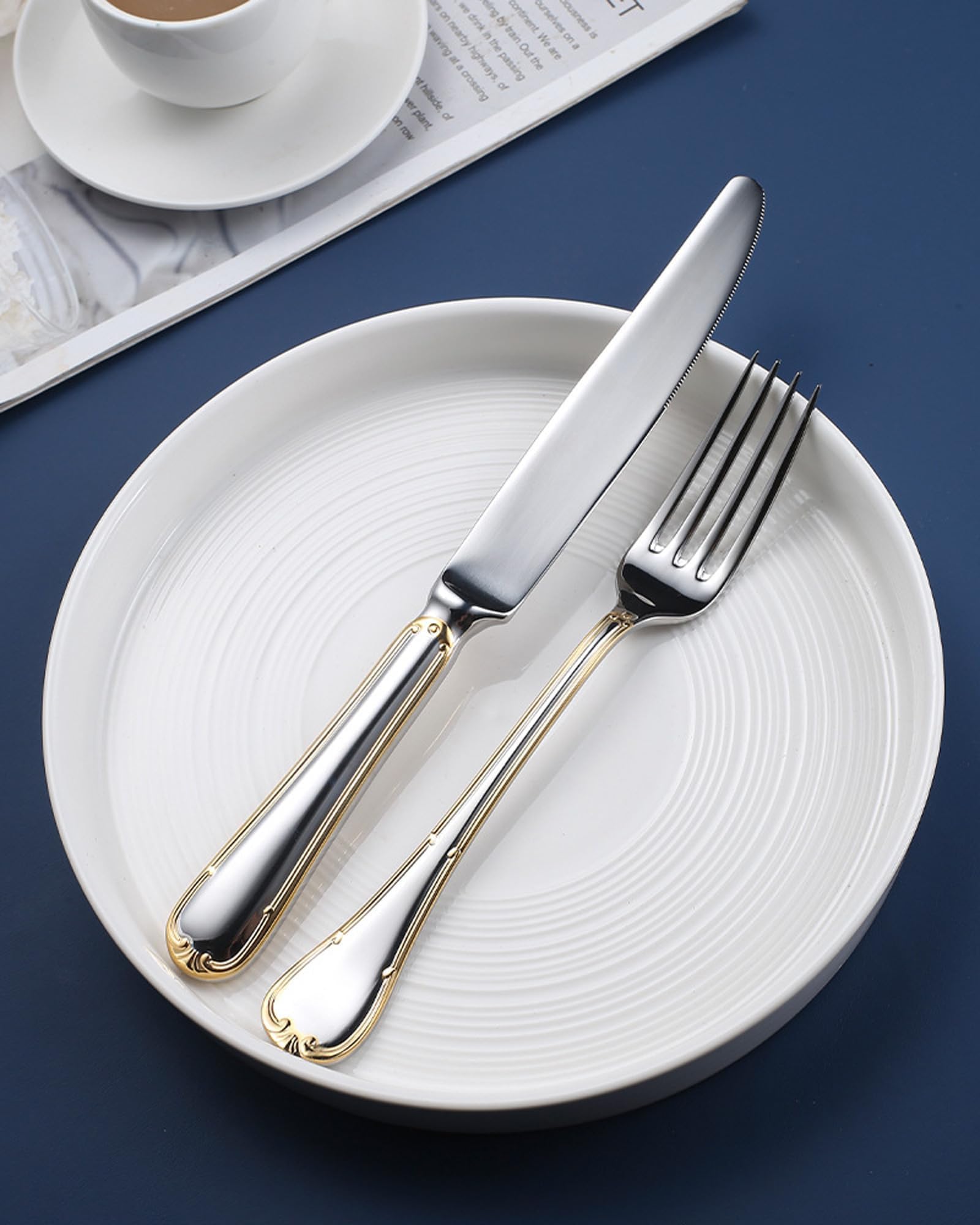 H3TF5J Juego de cubiertos de acero inoxidable 18/10, juego de 54 piezas de plata dorada, cubiertos aptos para lavavajillas, cubiertos minimalistas modernos, cubiertos de hotel para banquetes de boda