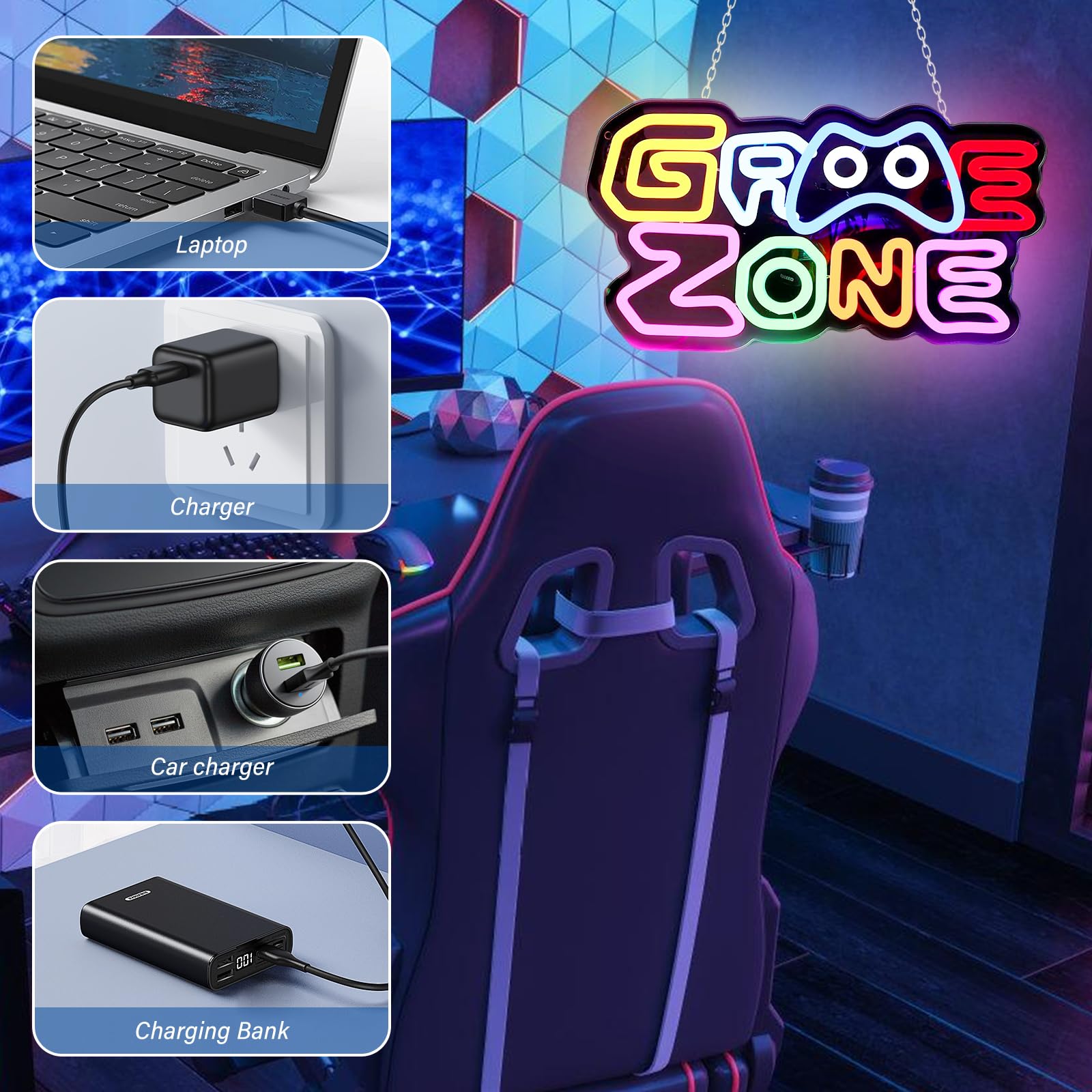 BAIFULAI Gaming Zone Insegna al Neon, LED Gaming al Neon Colorato, Luce al Neon USB Letter Game per Decorazione da Parete, Insegna al Neon per Zona Gaming, Grotta dell'Uomo, Regali Insegna LED per