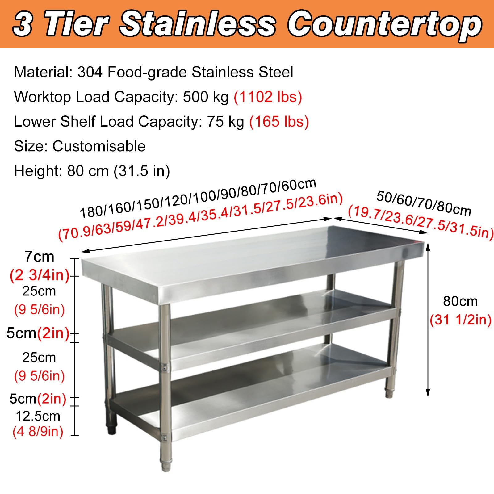 Tavolo da cucina in acciaio inox con base aperta e ripiani, 160 cm di larghezza, 7 mm di spessore, piano di lavoro per ristoranti, bar e caffetterie (lunghezza x larghezza x altezza): 160 x 59,9 x 80
