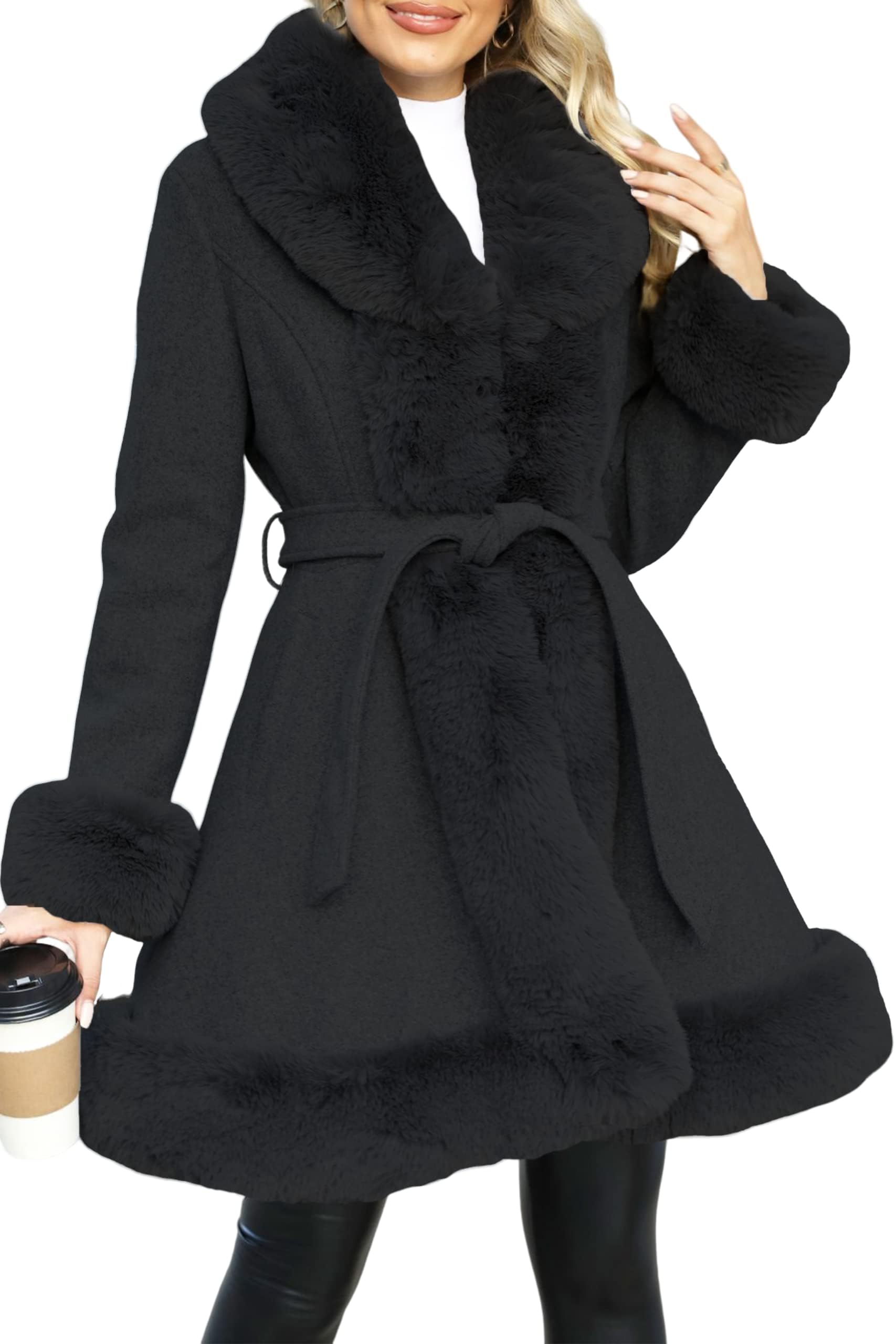 Giolshon Abrigo Largo de Piel Sintética y Mezcla de Lana Sintética para Mujer Vestido de Forro Polar con Cinturón Abrigo Cálido de Invierno Sherpa Parka