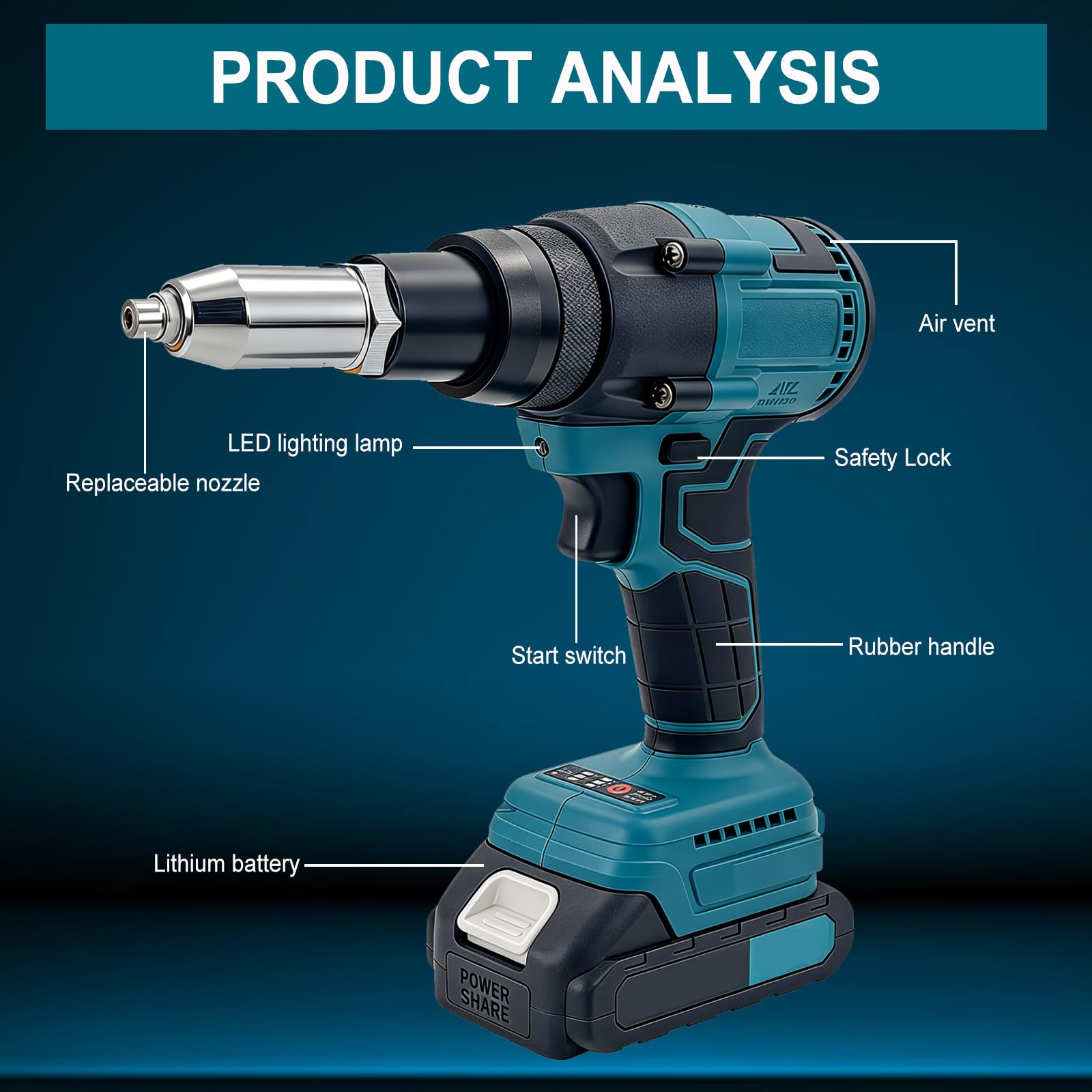 Pince à riveter sans fil compatible avec Makita 21 V 10 000 N Pince à riveter électrique sans balais avec 2 pinces à rivets pop portables de 1 300 mAh pour rivets aveugles de 2,4 à 4,8 mm