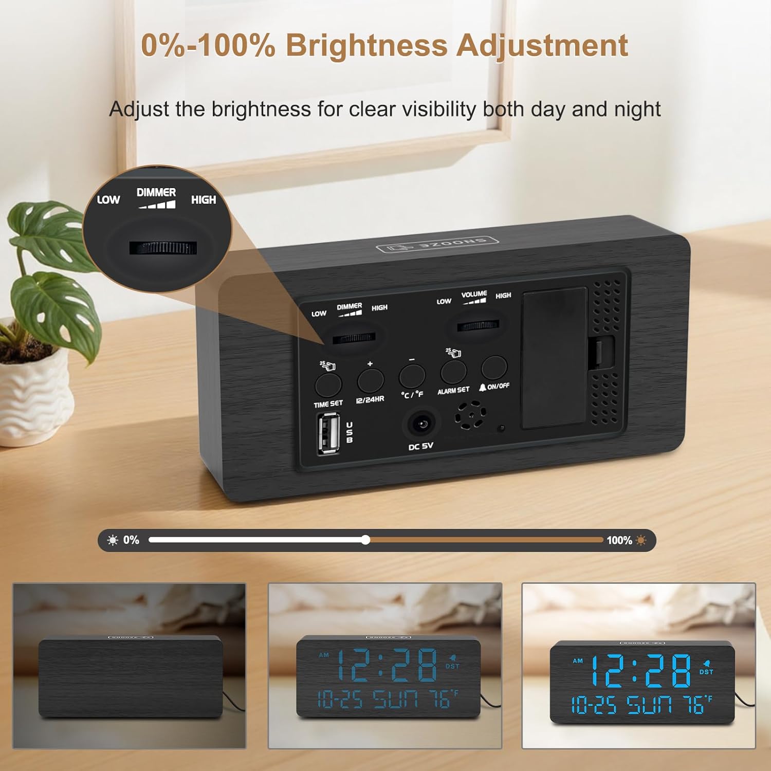 DreamSky Wooden Digital Alarm Clocks for Bedrooms - Living Room Desk Clock with Date and Day of Week, Temperature, USB Port, Dimmer Wheel, Adjustable Volume, Auto DST, Wood Decor for Office Table