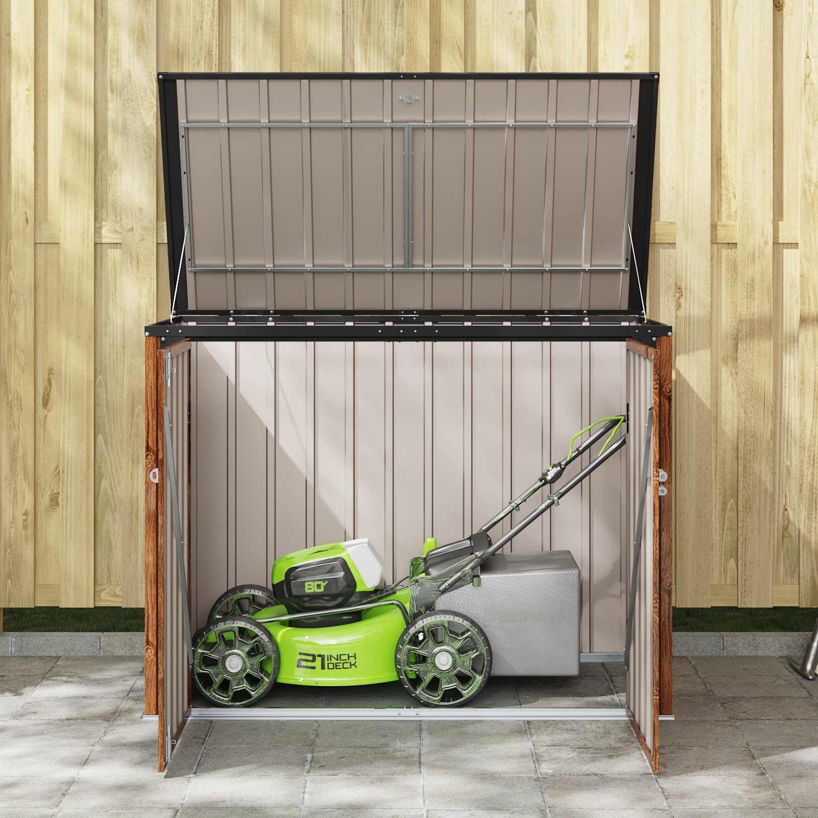 Caja de almacenamiento de jardín marrón de acero, 151,5 x 82 x 110,5 cm, con mucho espacio de almacenamiento, resistente a la intemperie, para herramientas de jardín y protección al aire libre, ideal
