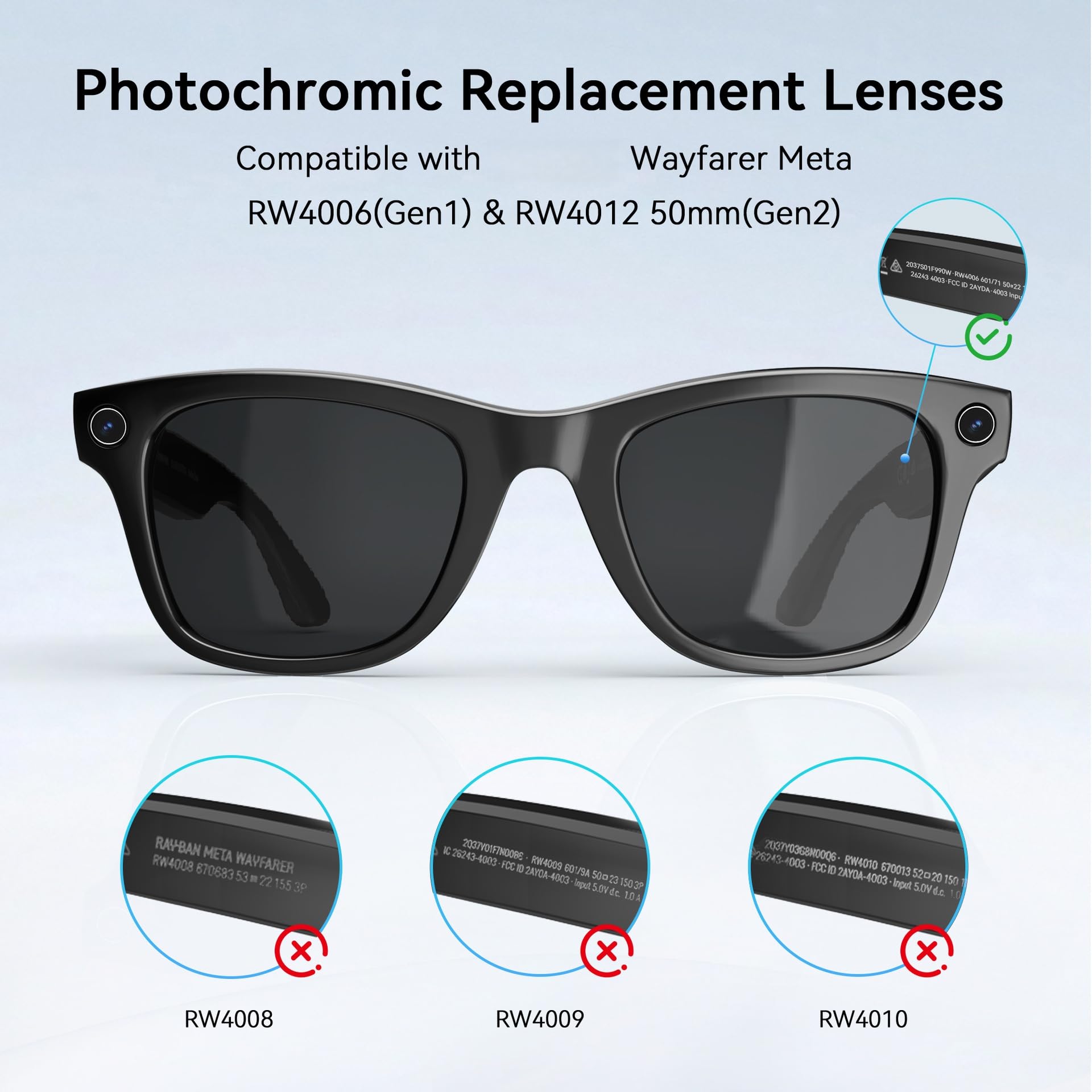 Soczewki fotochromowe kompatybilne z soczewkami Ray-Ban Meta RW4006/RW4012, UV400 odporne na uderzenia