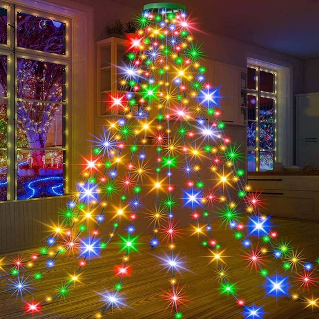 GINGER TECH Christmas Tree Waterfall Lights with Ring, 6.5Ft Cascading 280 LEDs, 8 Modes with Remote Control, IP44 Waterproof Fairy String Lights for Xmas (Multicolor)