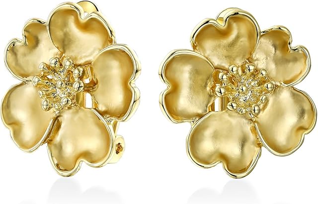 Heart Petals Flower Cubic Zirconia CZ Clip On Earrings For Women Non Pierced Ears Matte 14K Gold Plated Brass
