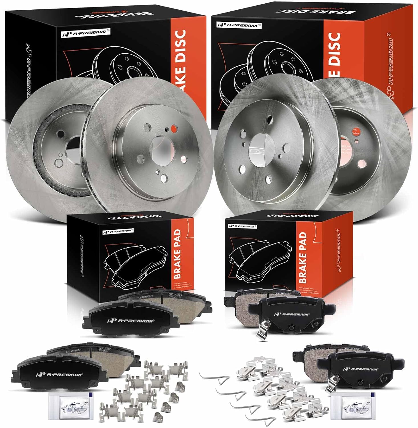 A-Premium Front Vented and Rear Solid Disc Brake Rotors + Ceramic Pads Kit Compatible with Select Toyota Models - Corolla 2020-2022, Prius Prime 2020-2022, 12-PC Set